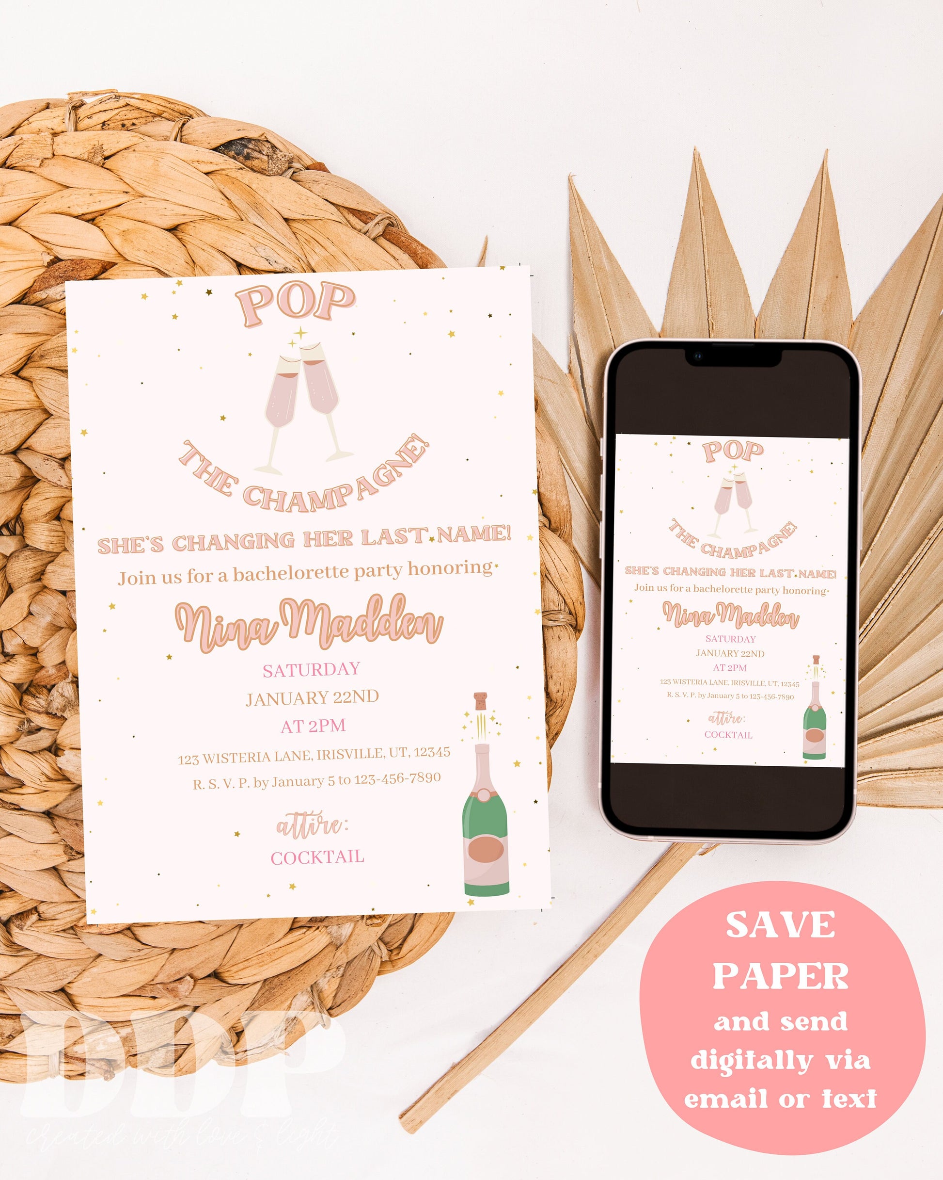 Pop the Champagne Bachelorette Weekend Invitation | Beige Neutral Bachelorette Party Invite | Bachelorette Girls Trip Itinerary Invite