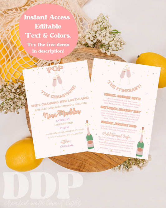 Pop the Champagne Bachelorette Weekend Invitation | Beige Neutral Bachelorette Party Invite | Bachelorette Girls Trip Itinerary Invite