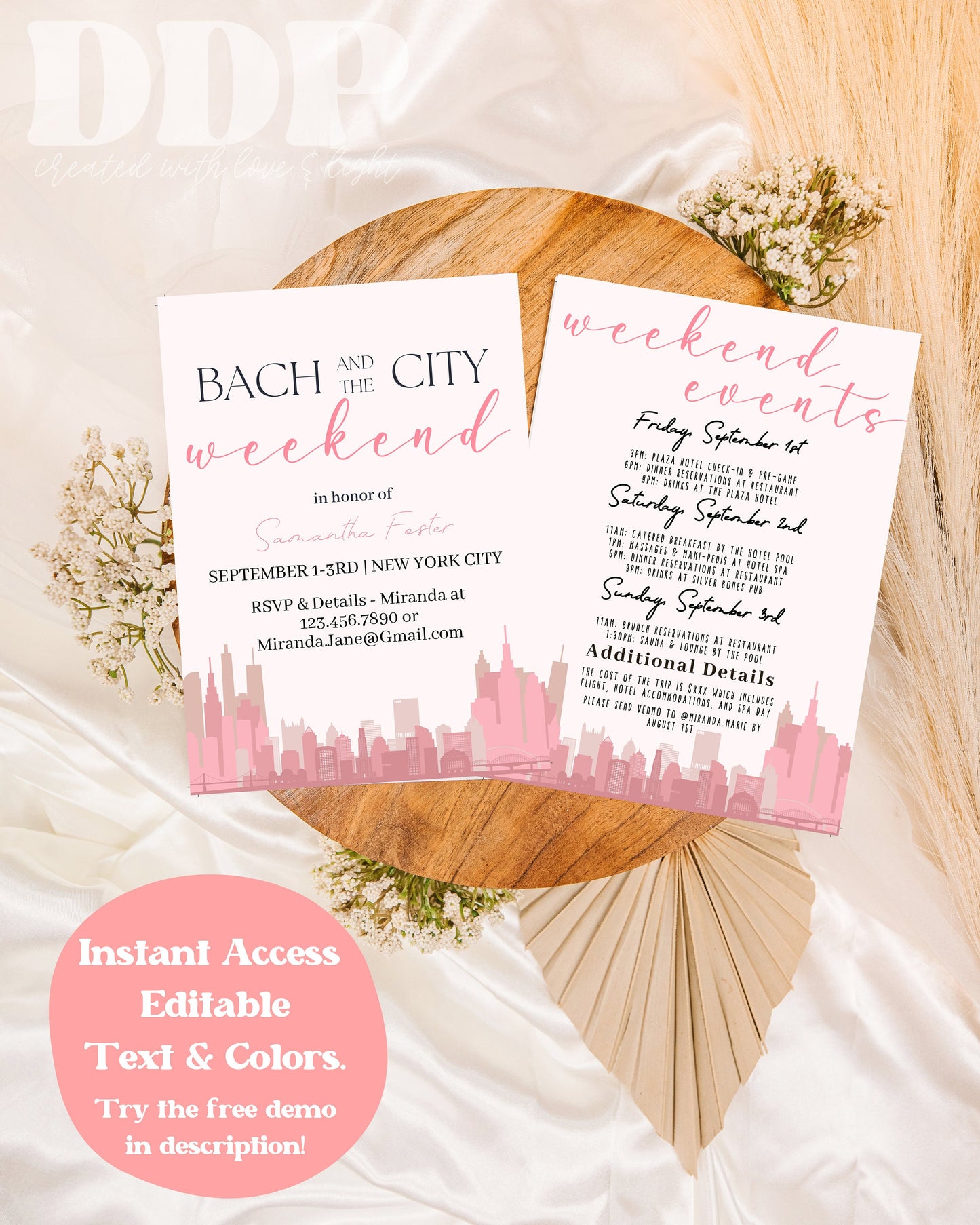 Bach and the City Pink Bachelorette Weekend Invitation | NYC Bachelorette Party Invite | Bachelorette Girls Trip Printable Itinerary