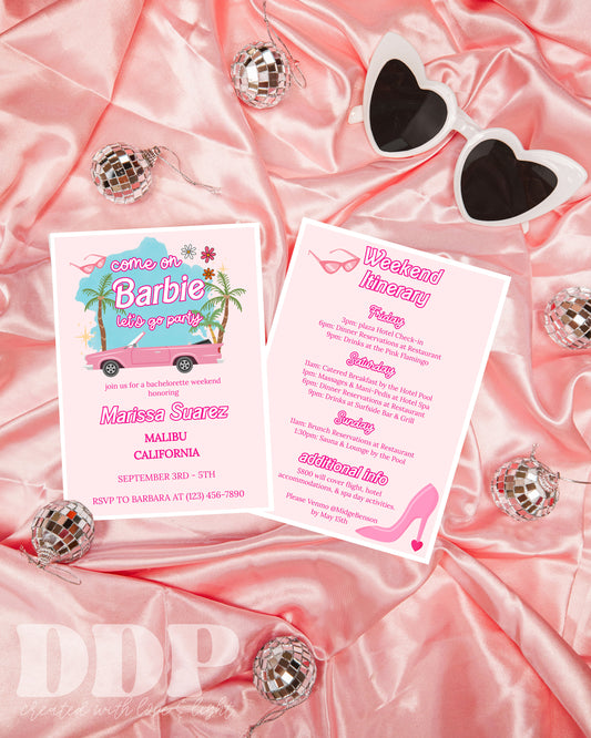 Come on Barb, Let's Go Party Bachelorette Party Invitation | Retro 90s Doll Bach Invite | Hot Pink Doll Bachelorette Invitation Itinerary