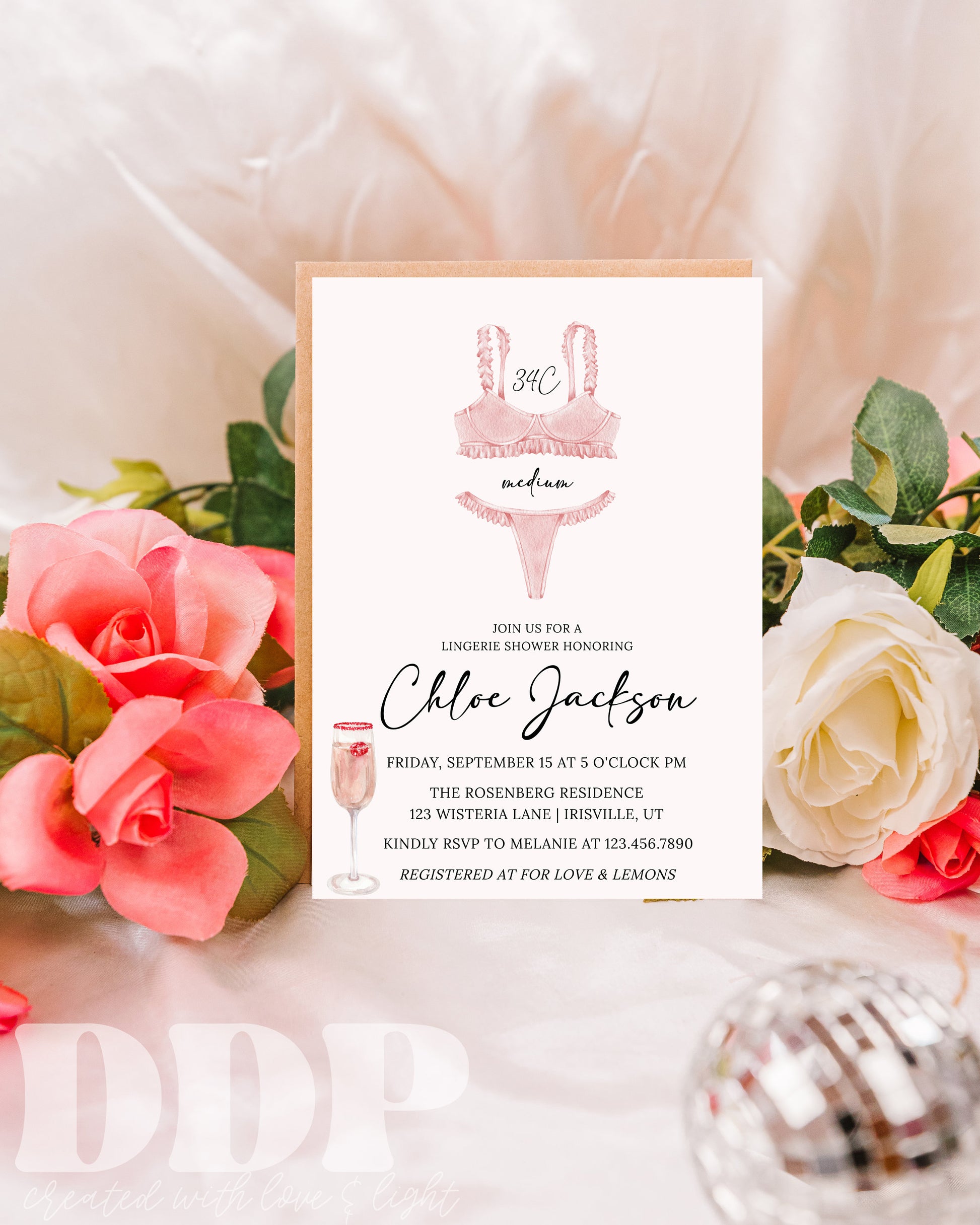 Rose and Lingerie Shower Invite | Modern Lingerie Wedding Shower Invite | Printable Girls Party Lingerie Shower Invitation