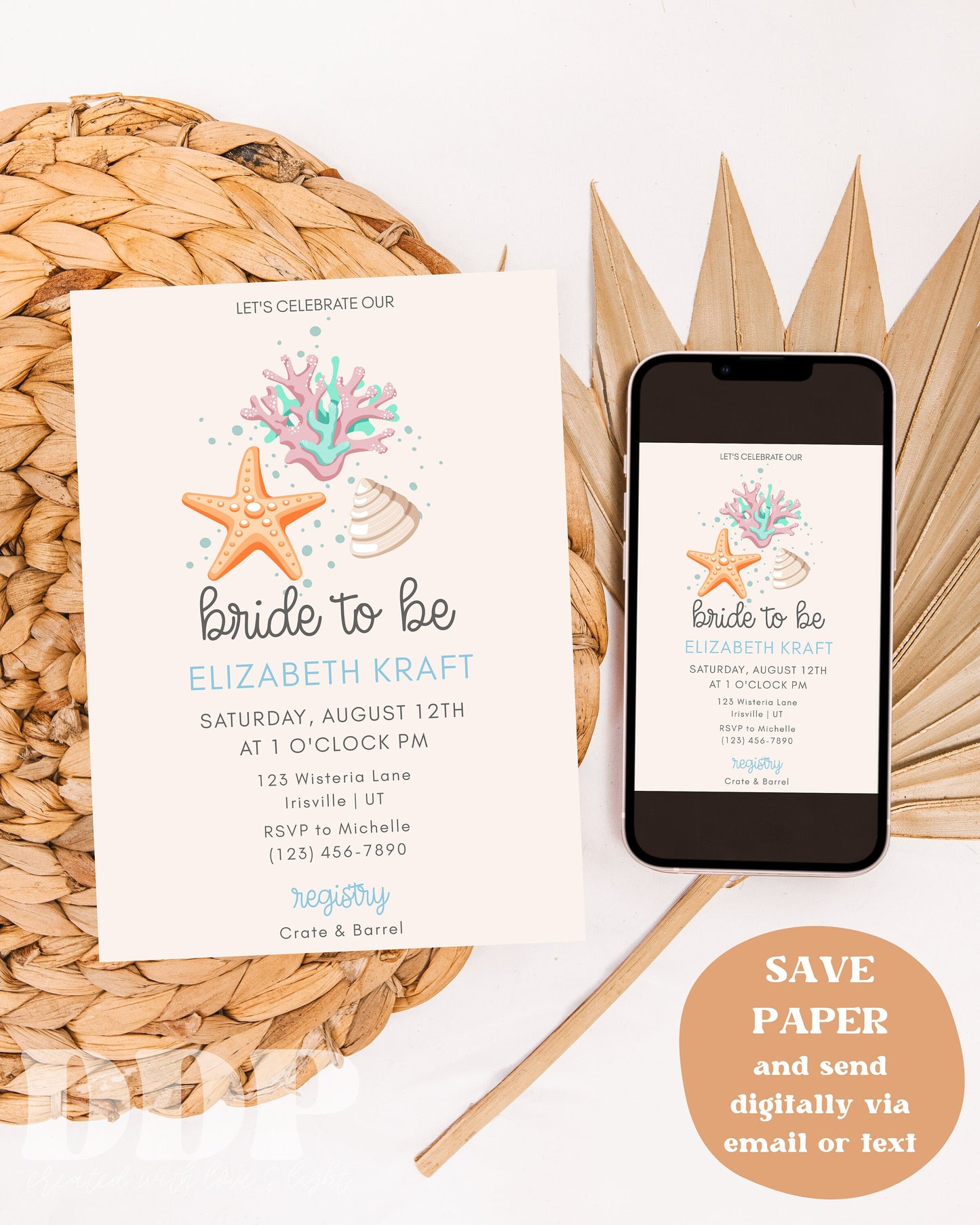 Minimalist Beach Bridal Shower Invite | Summer Bridal Shower Invite | Boho Seashells Wedding Shower Invitation | Self-Editable Invitation