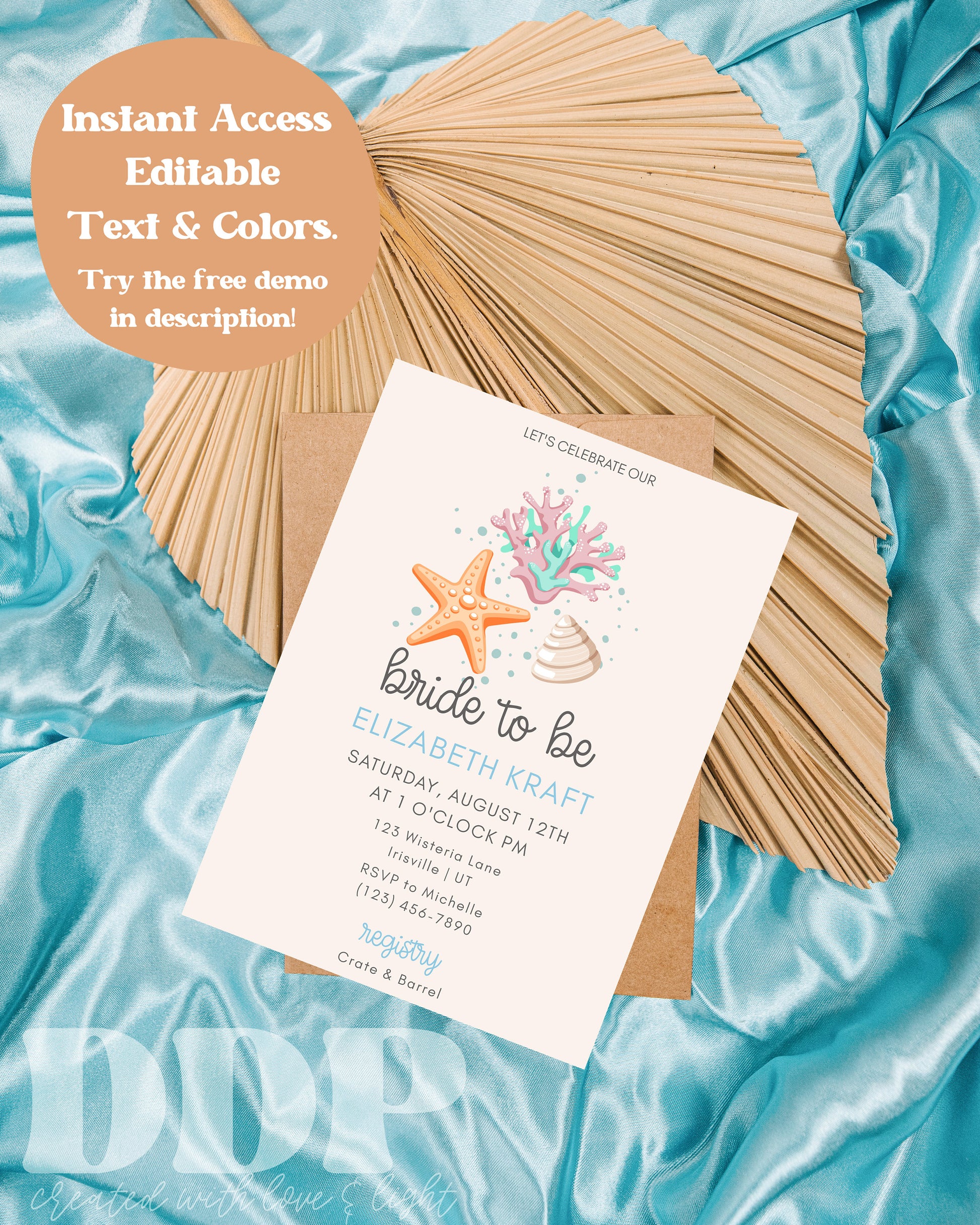 Minimalist Beach Bridal Shower Invite | Summer Bridal Shower Invite | Boho Seashells Wedding Shower Invitation | Self-Editable Invitation