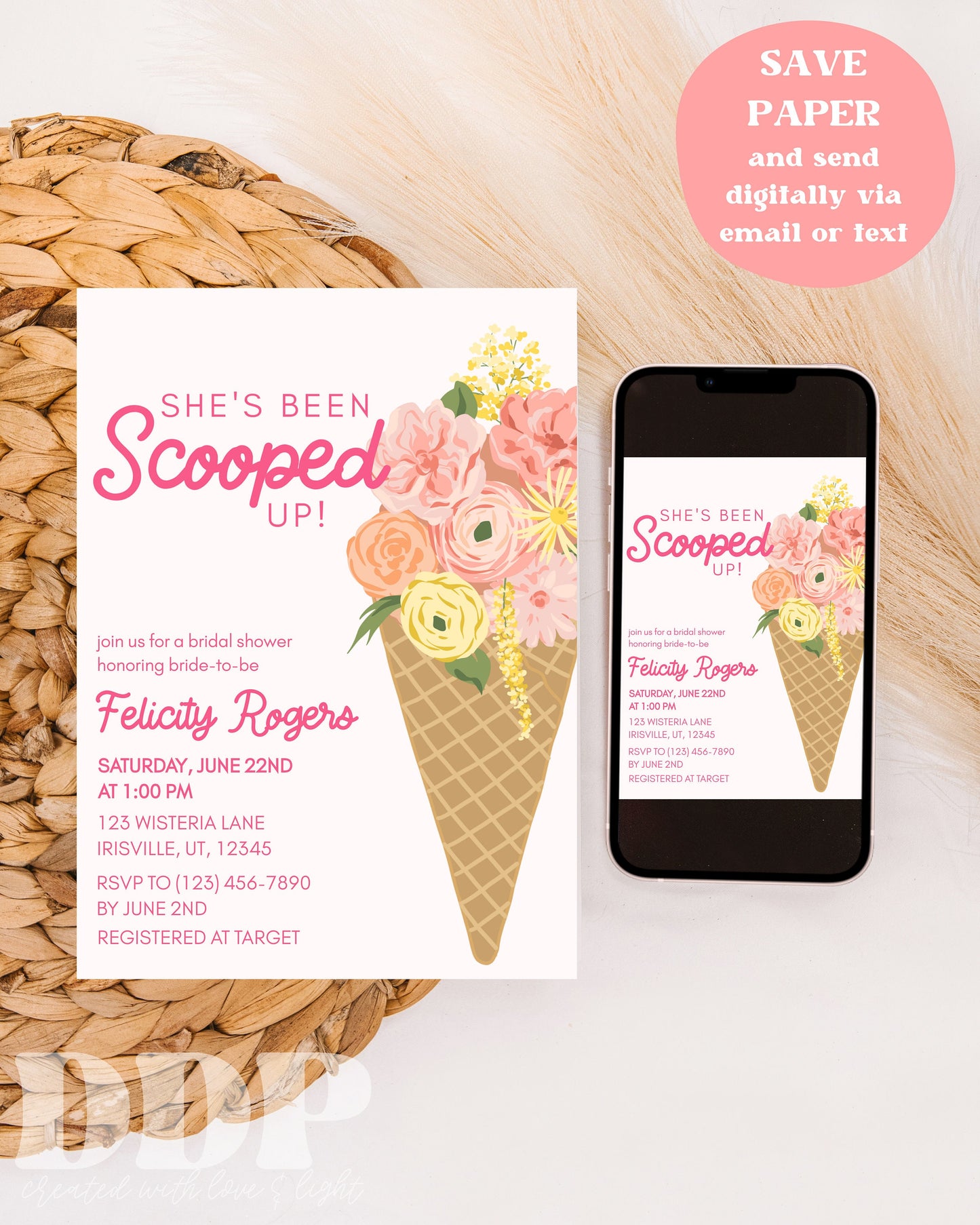 She's Been Scooped Up Bridal Shower Invitation | Floral Bridal Shower Invite | Digital Bridal Shower Invite | Ice Cream Bridal Brunch Invite