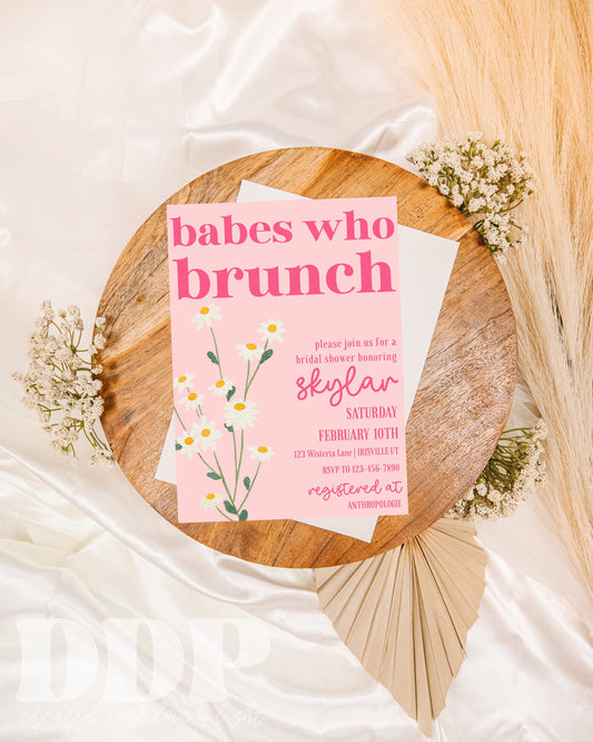 Babes Who Brunch Bridal Shower Invitation | Boho Brunch Bridal Shower Invite | Retro Daisy Brunch Bridal Shower | Editable Invite Template