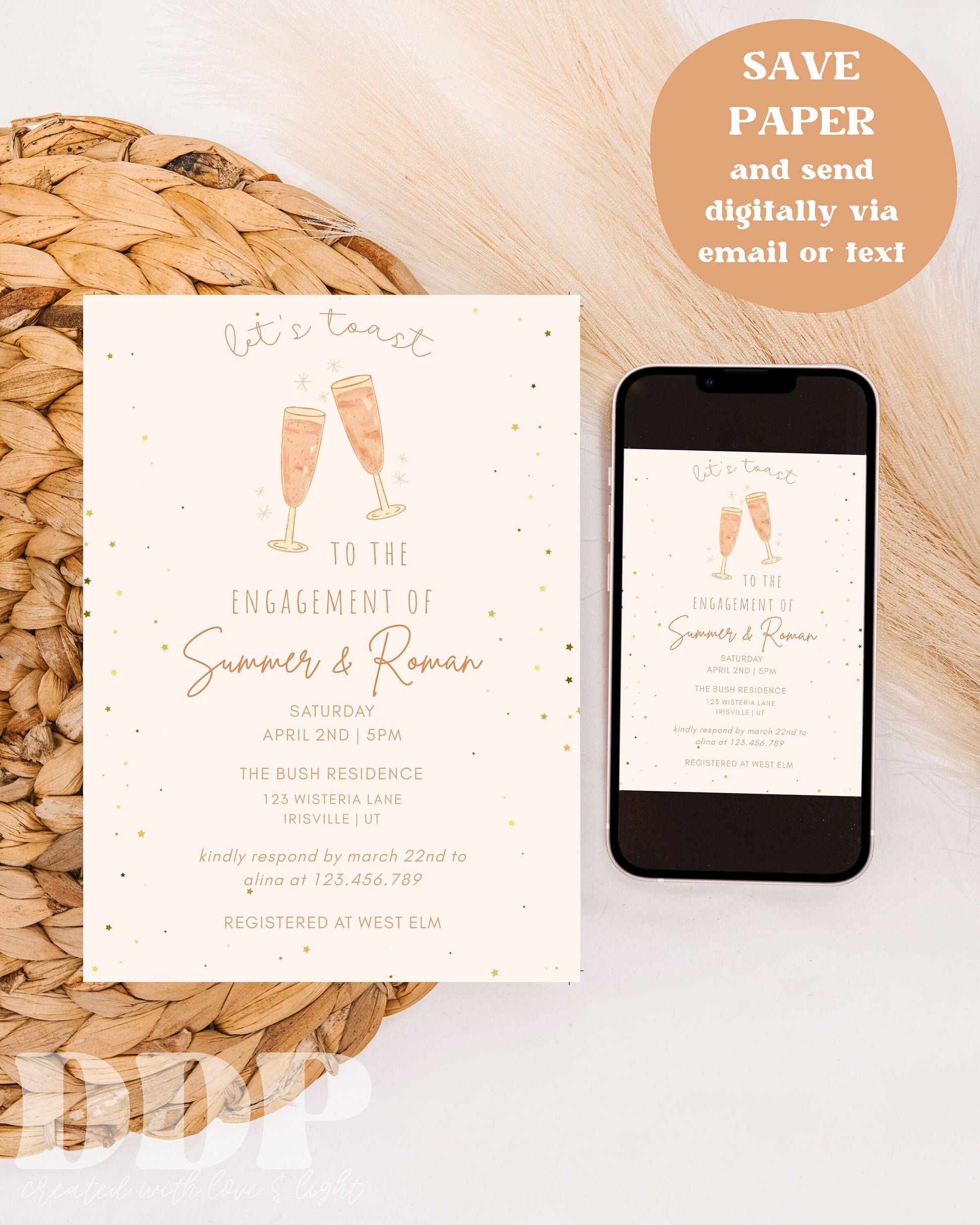 Let's Toast Engagement Party Invitation | Boho Neutral Engagement Party Invite | Minimalist Cocktail Engagement Party | Editable Invite