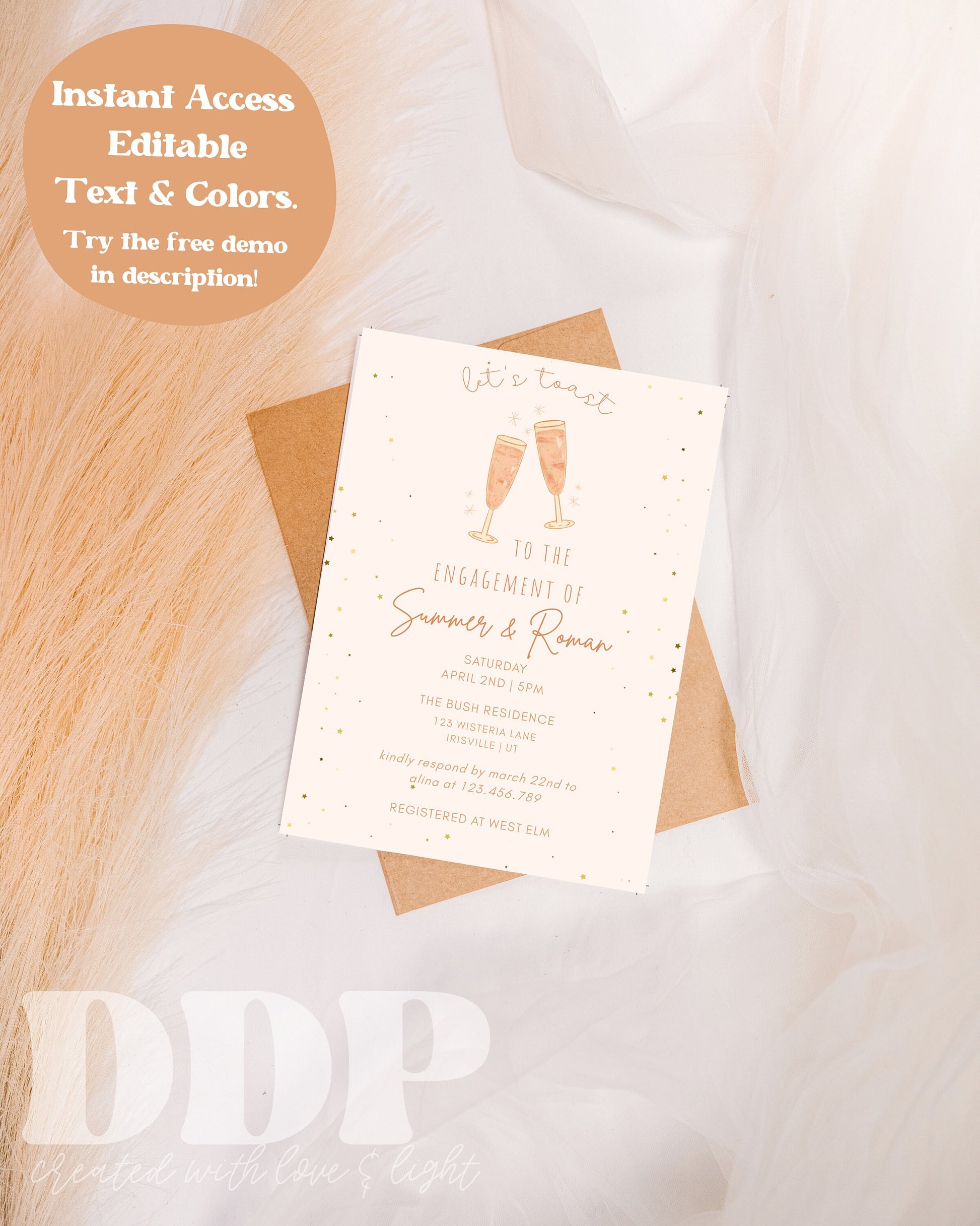 Let's Toast Engagement Party Invitation | Boho Neutral Engagement Party Invite | Minimalist Cocktail Engagement Party | Editable Invite