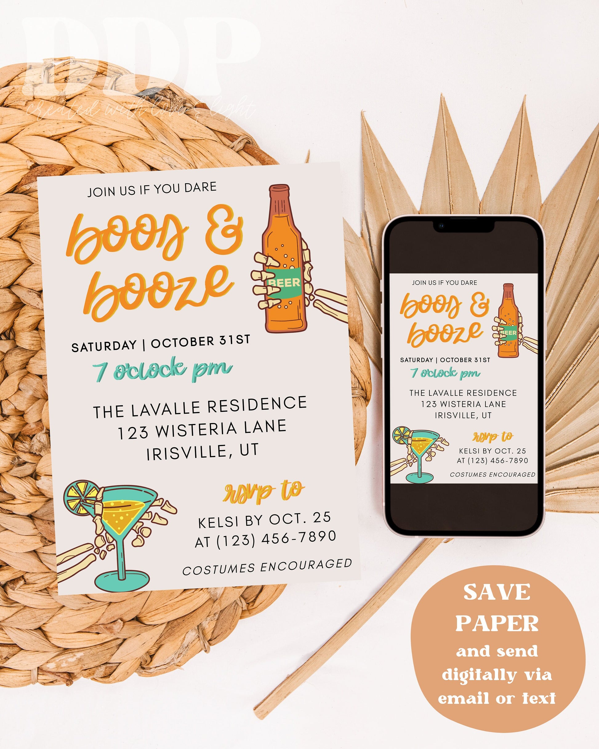 Boos & Booze Retro Halloween Party Invitation | Skeleton Halloween Party Invite | Adult Halloween Party | Halloween Invite Instant Download