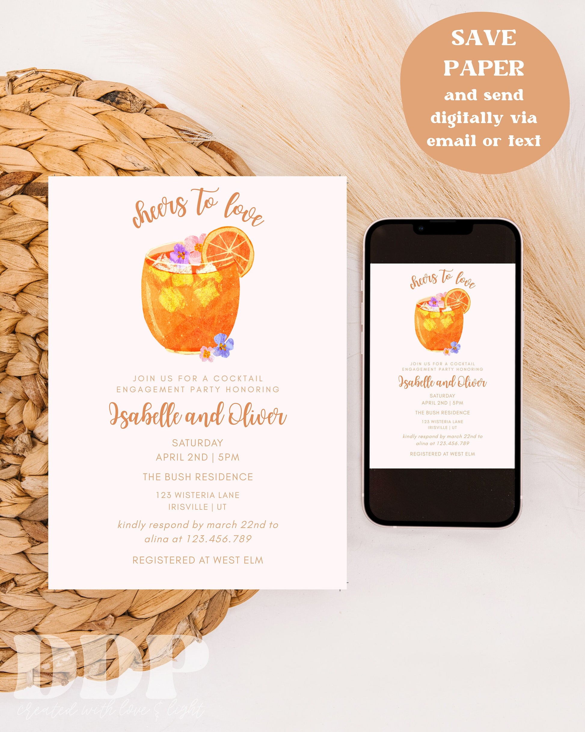 Cheers to Love Engagement Party Invitation | Boho Tropical Engagement Party Invite | Minimalist Cocktail Engagement Party | Editable Invite