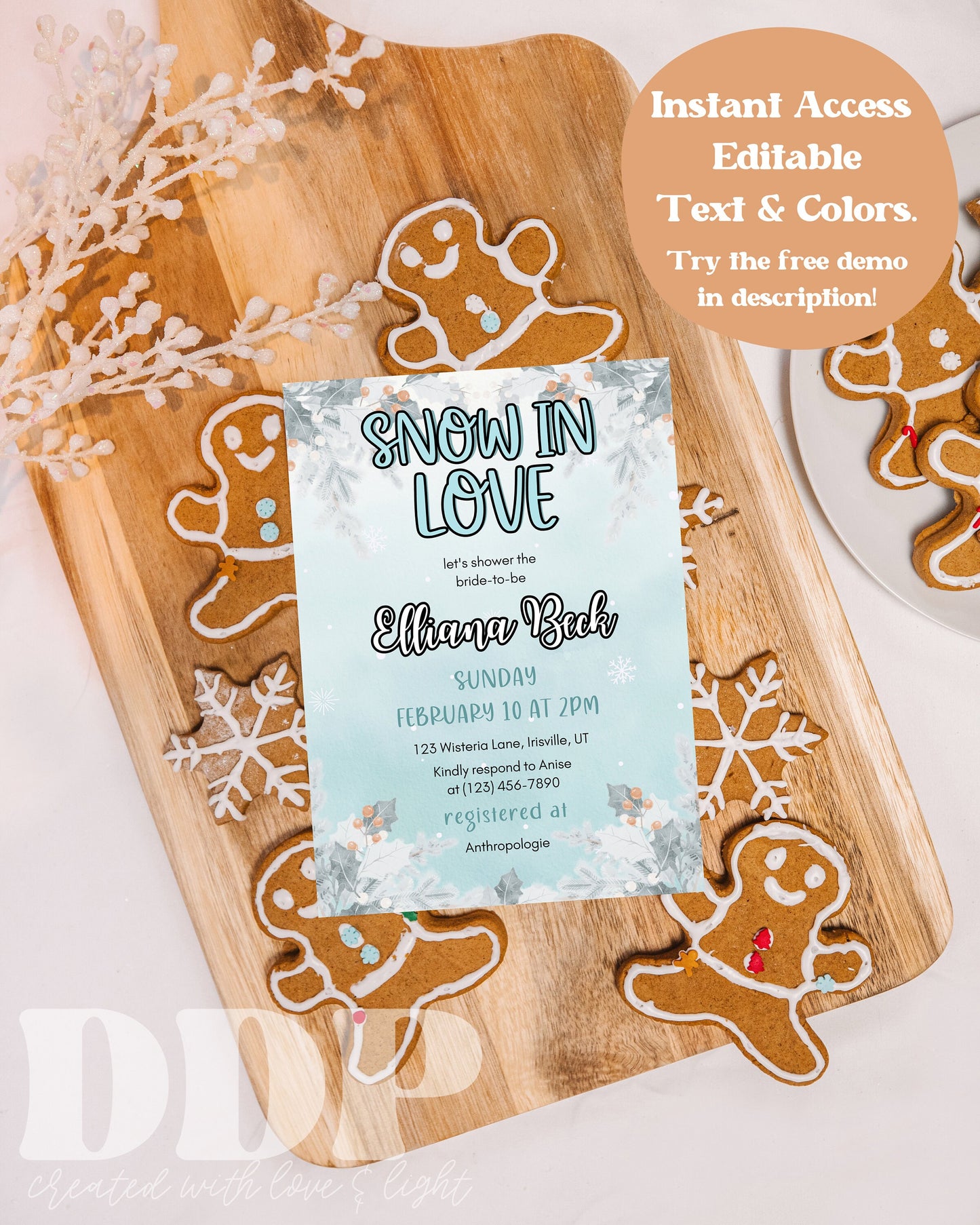 Snow in Love Bridal Shower Invitation | Winter Bridal Shower Invite | Minimalist Christmas Winter Bridal Shower | Editable Invite Template