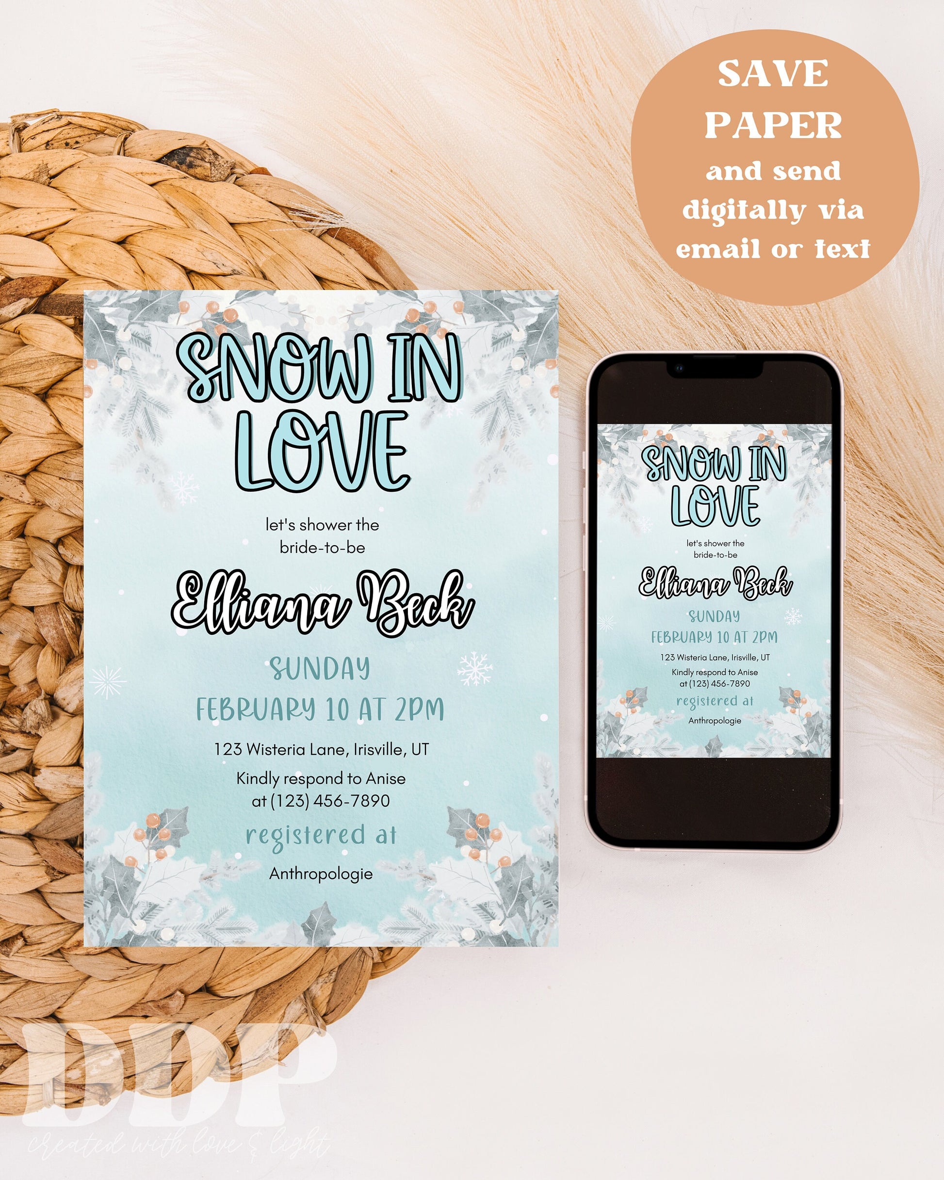 Snow in Love Bridal Shower Invitation | Winter Bridal Shower Invite | Minimalist Christmas Winter Bridal Shower | Editable Invite Template