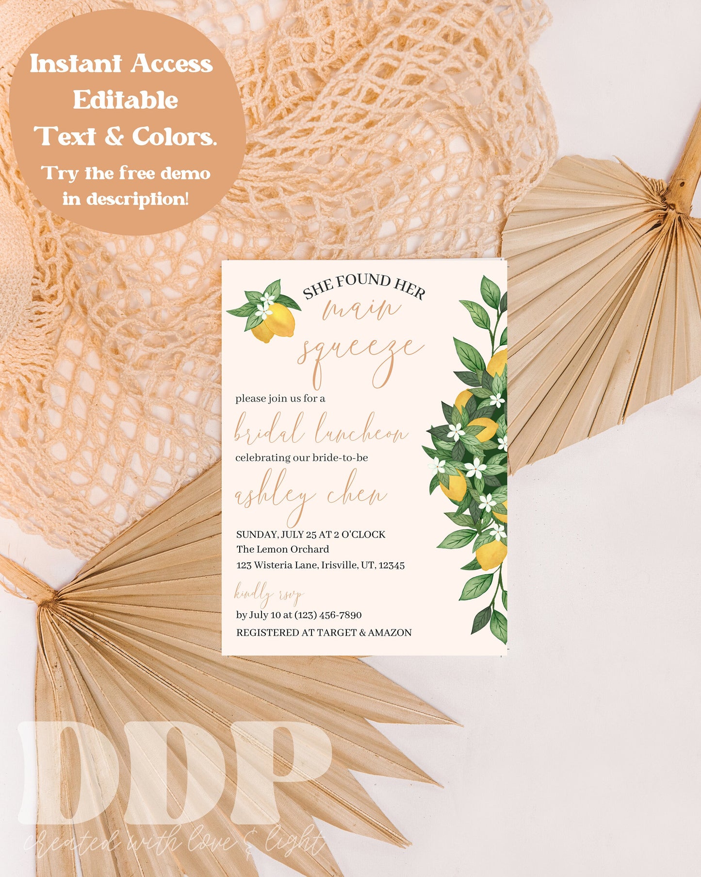 Boho Main Squeeze Bridal Shower Invitation | Boho Lemon Citrus Bridal Shower Invite | Minimalist Bridal Shower | Editable Invite Template