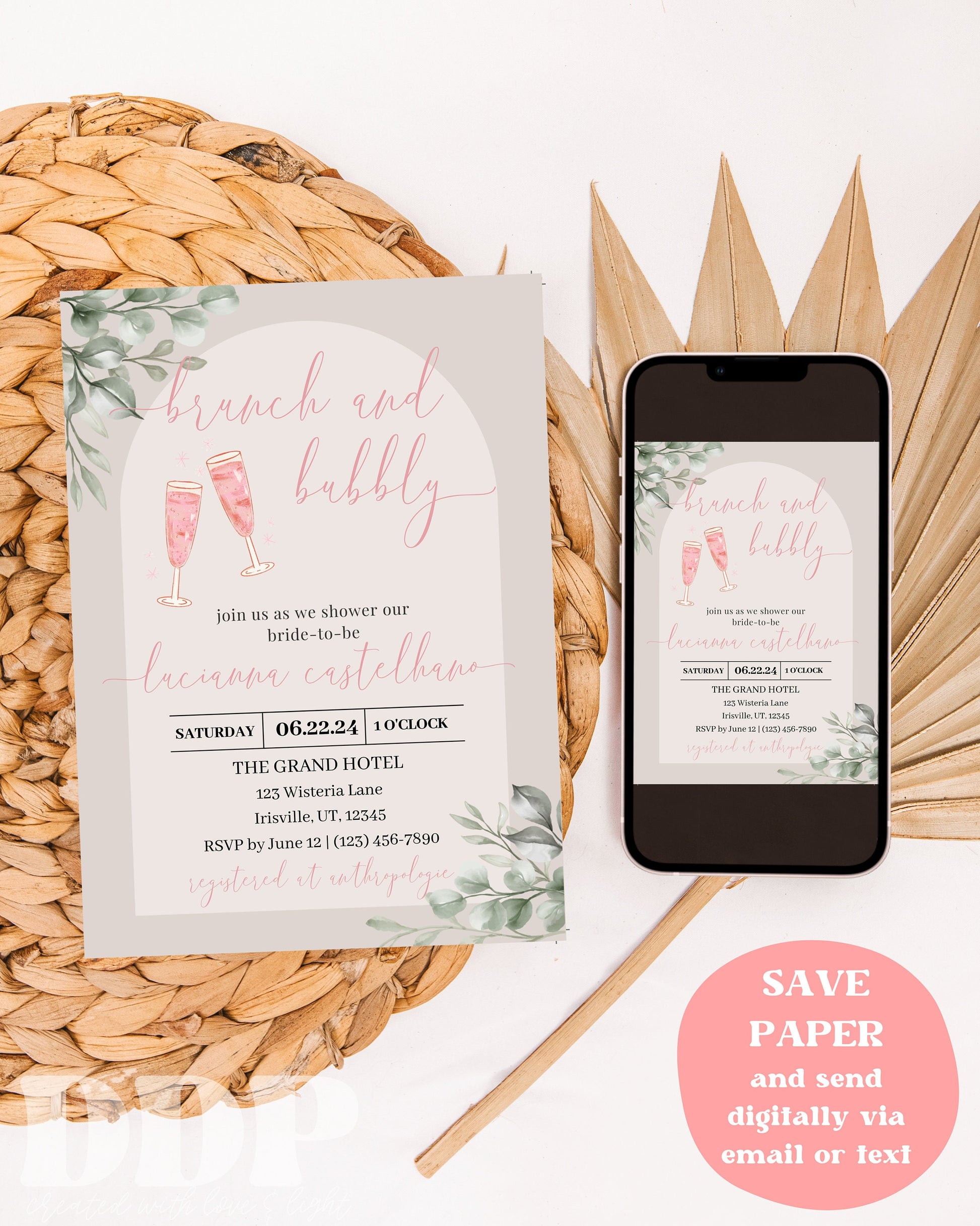 Boho Brunch and Bubbly Bridal Shower Invitation | Boho Eucalyptus Bridal Shower Invite | Minimalist Bridal Shower | Editable Invite Template