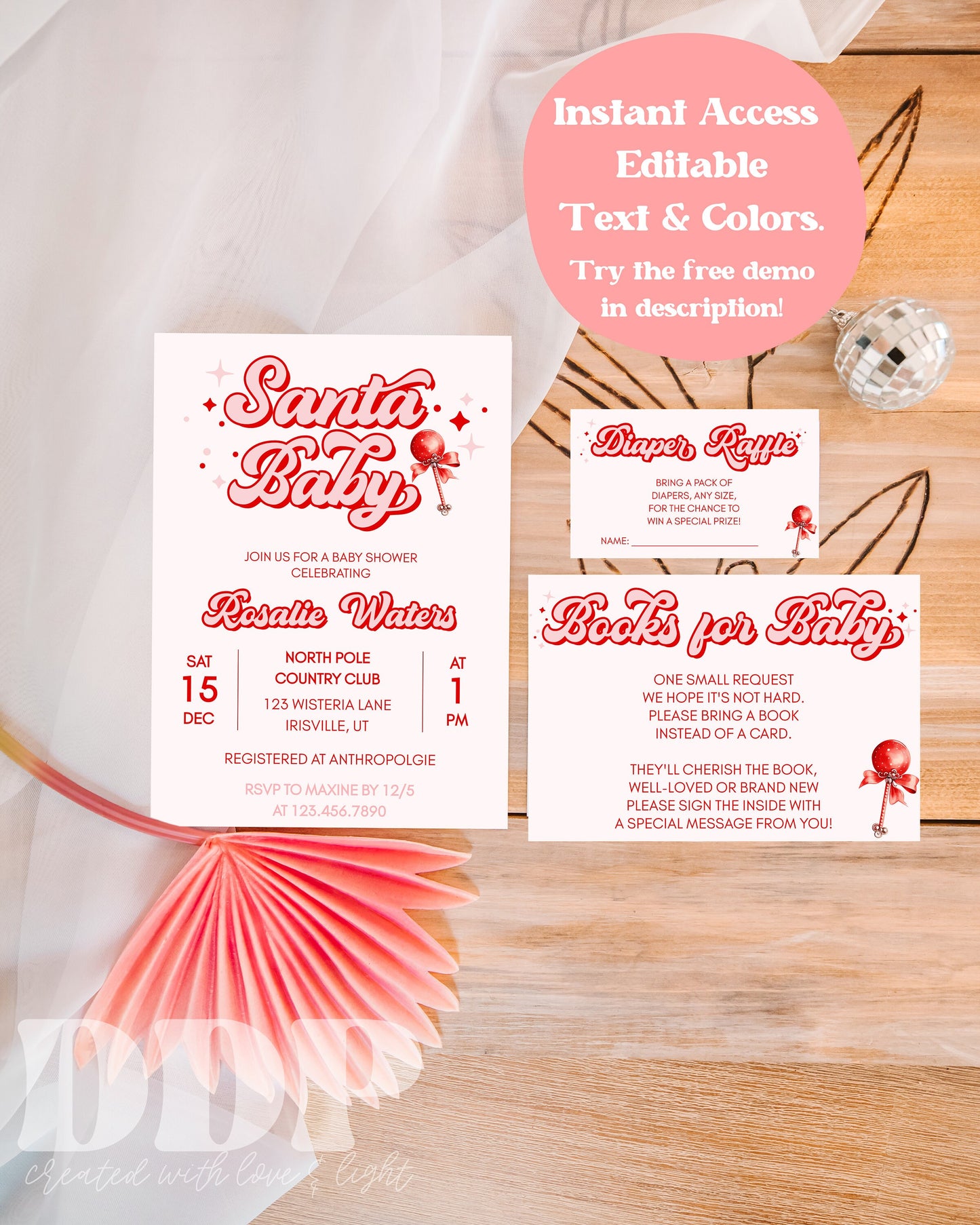 Santa Baby Shower Invite Suite | Retro Christmas Baby Shower Invite Bundle | Retro Vintage Winter Baby Shower | Santa Baby Themed Shower