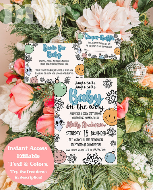 Jingle Bells Baby On The Way Baby Shower Invite Suite | Retro Christmas Baby Shower Invite Bundle | Winter Baby Shower