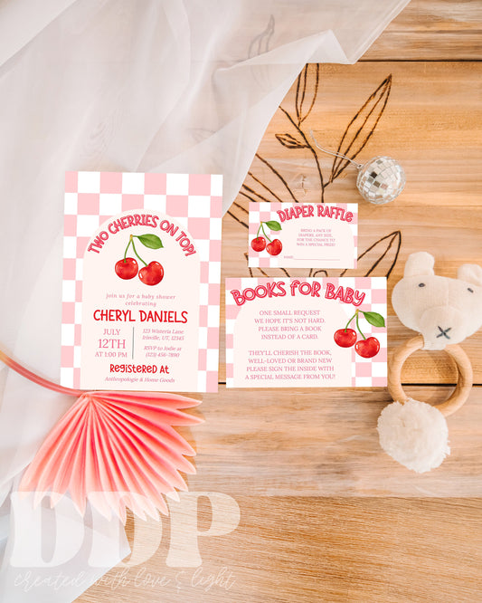 Twin Cherries Pink Baby Shower Invitation Bundle | Cherries Baby Shower Invite | Checkered Baby Shower Invitation | Downloadable Invite