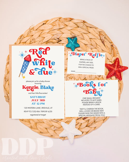 Red White & Due Baby Shower Invitation | 4th of July Baby Shower Invite | Firework Baby Shower | 4th of July Baby Shower Invitation