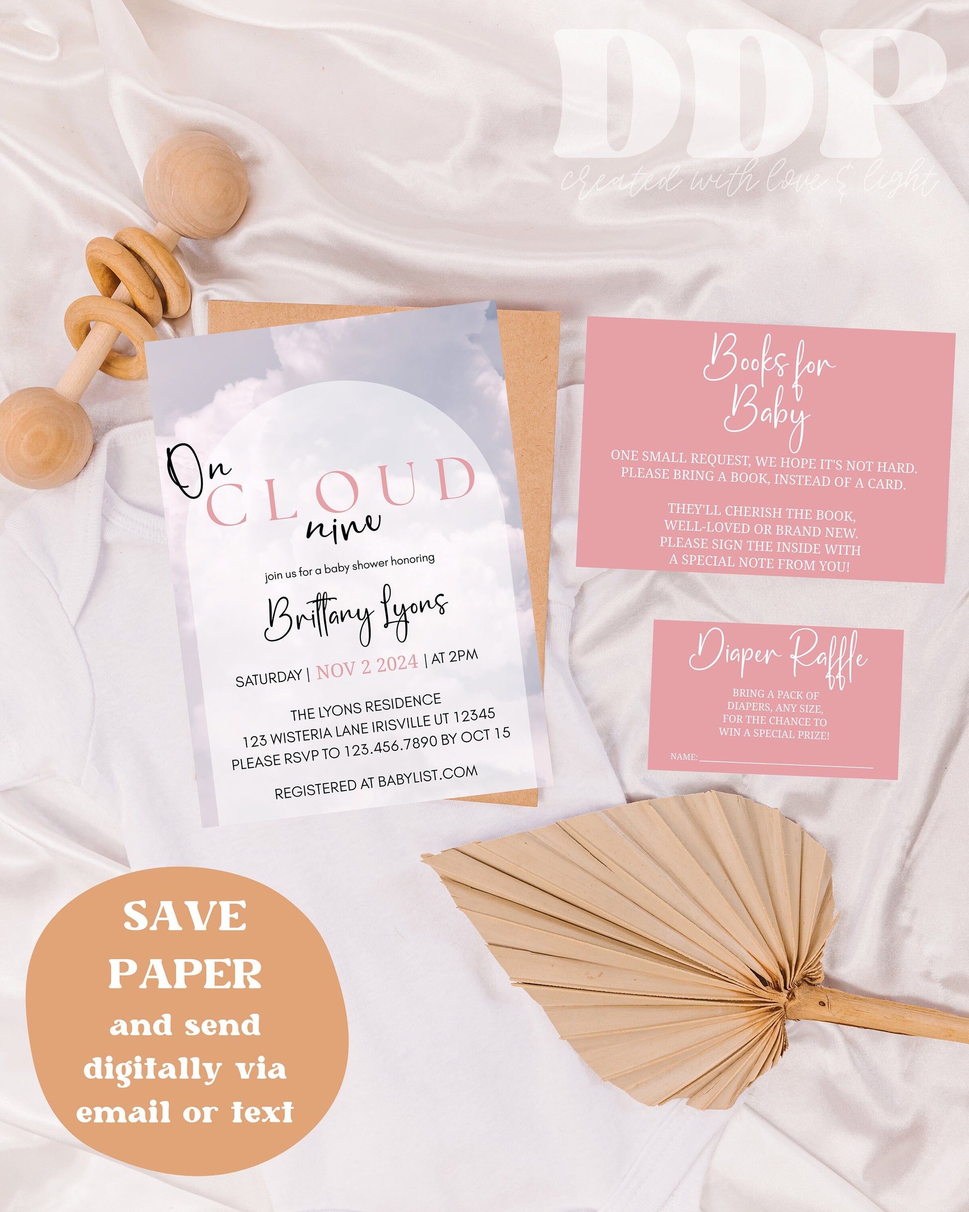 Editable Cloud 9 Pink Baby Shower Invitation Bundle | Cloud Baby Shower Invite | Minimal Boho Baby Shower Invitation | Downloadable Invite