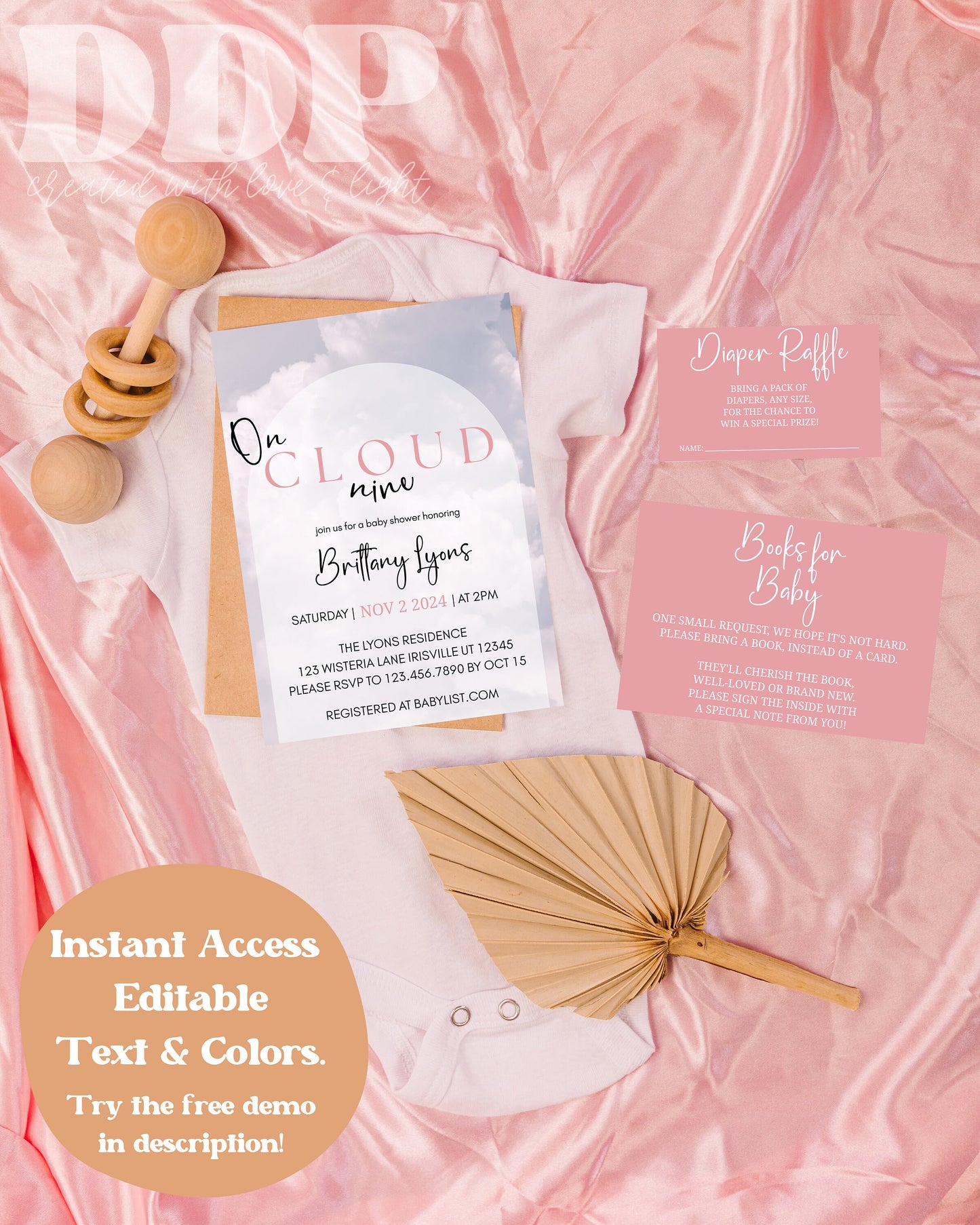 Editable Cloud 9 Pink Baby Shower Invitation Bundle | Cloud Baby Shower Invite | Minimal Boho Baby Shower Invitation | Downloadable Invite