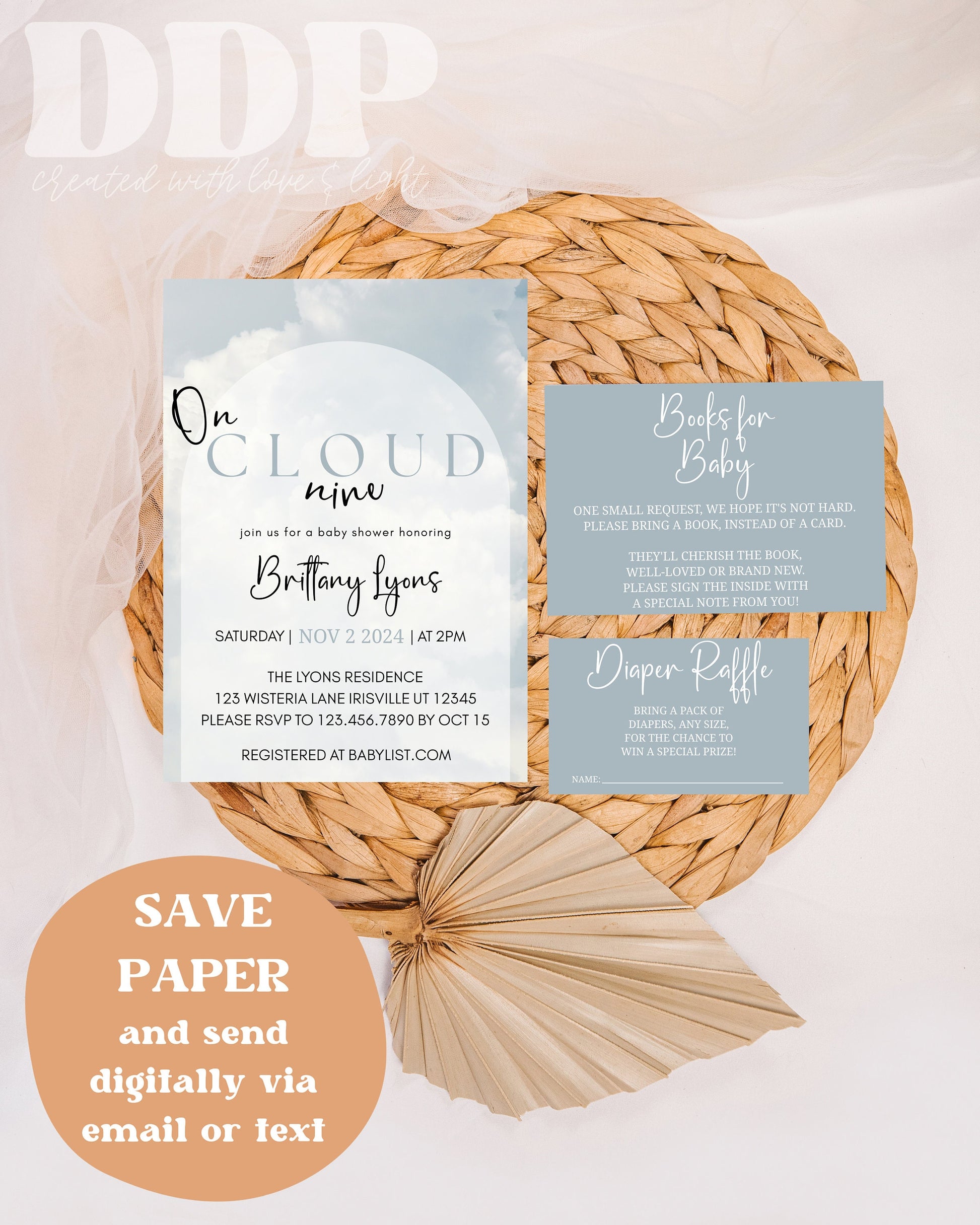 Cloud 9 Blue Baby Shower Invitation Bundle | Cloud Baby Shower Invite | Minimal Boho Baby Shower Invitation | Cloud Nine Shower Invite