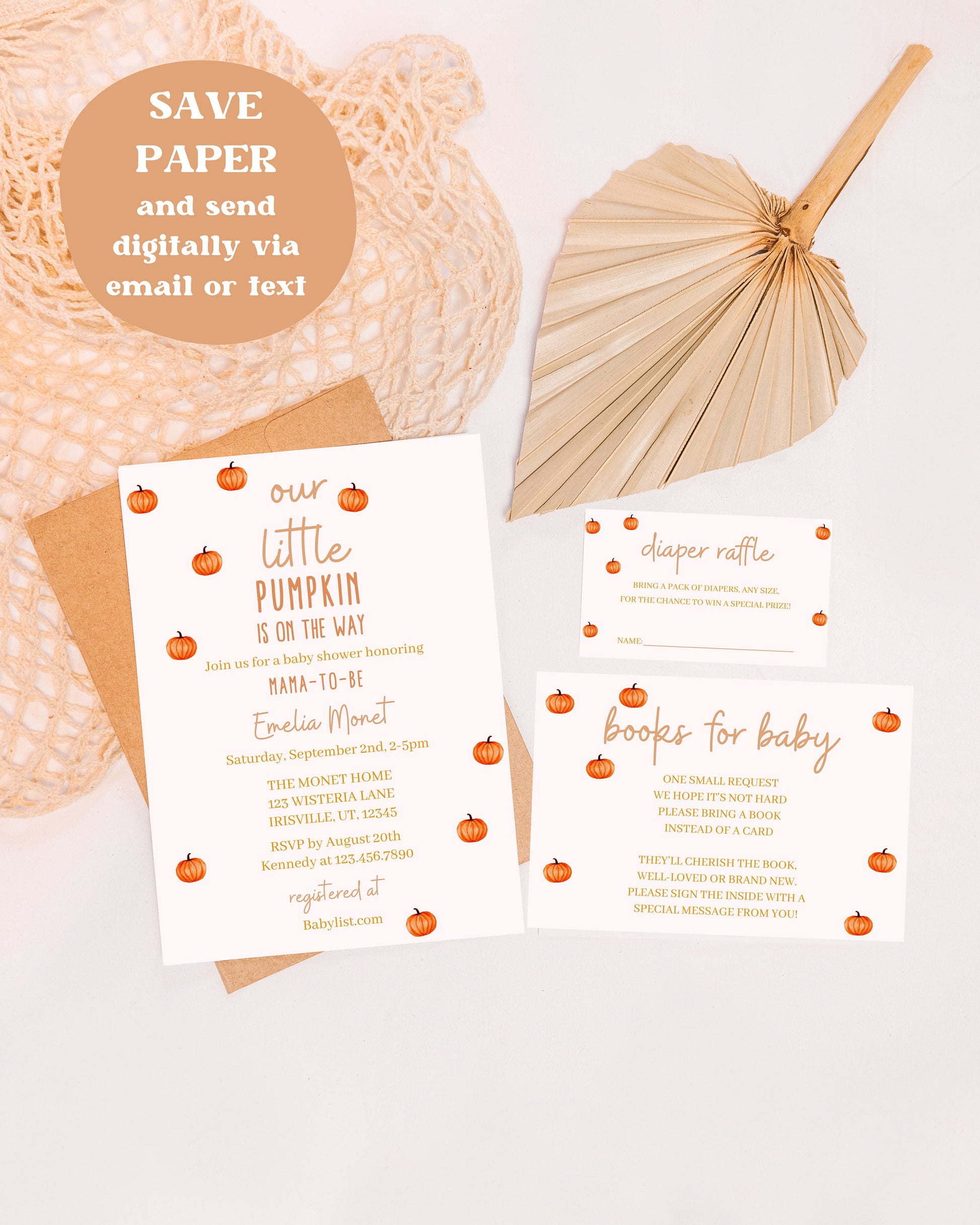 Minimal Pumpkin Baby Shower Invitation Suite | Gender Neutral Fall Baby Shower Invite | Minimalist Halloween Baby Shower | Printable