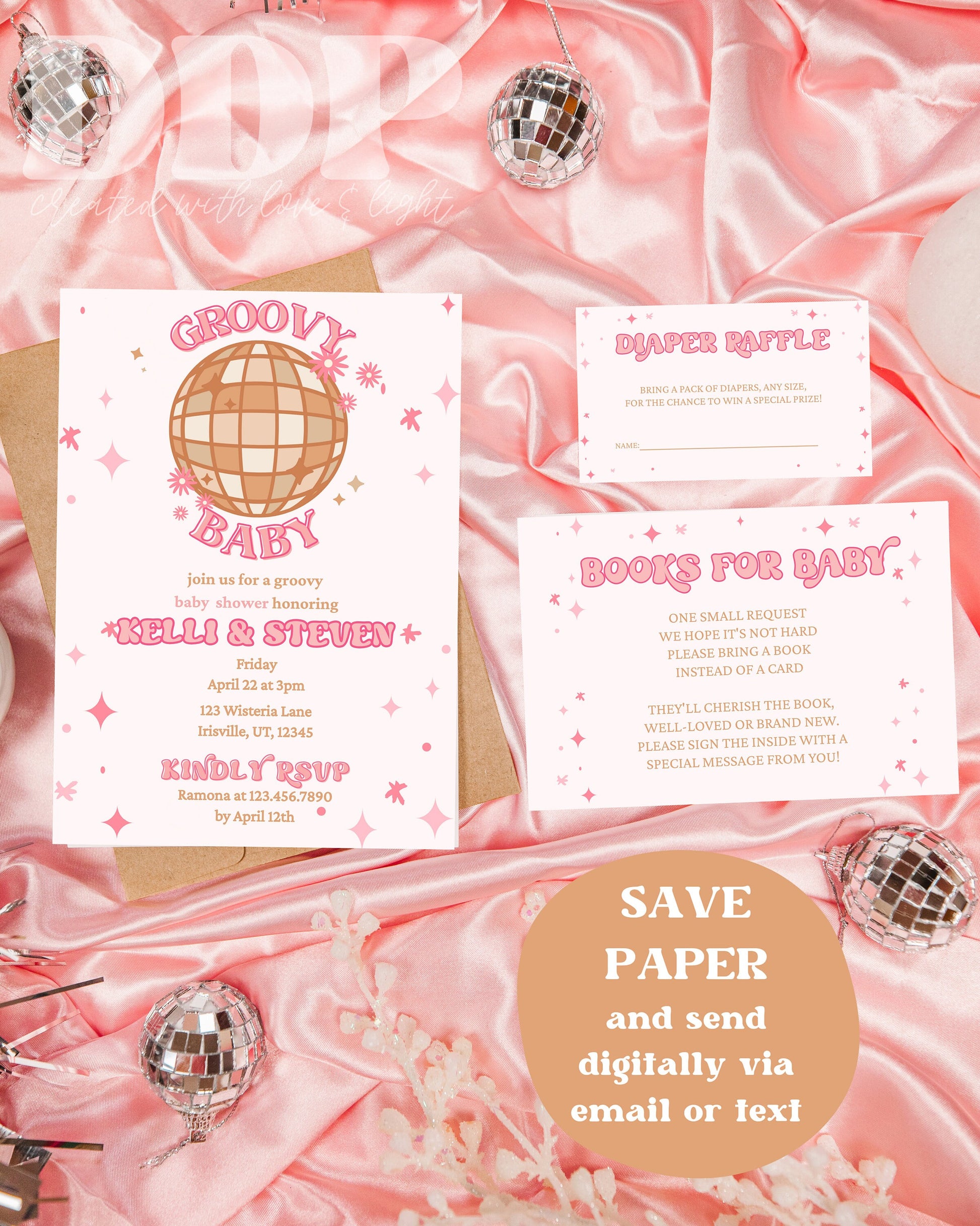 Editable Disco Baby Shower Invitation Suite | Groovy Girl Pink Baby Shower Invites | Disco Baby Shower | Retro 70s Baby Shower | Printable