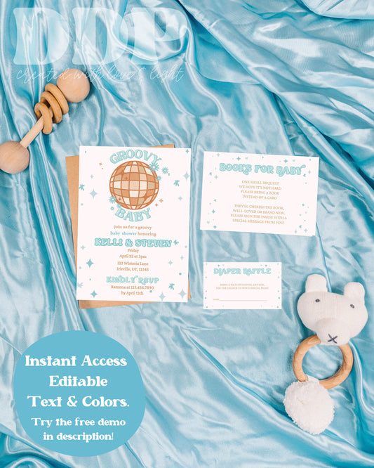 Groovy Baby Boy Shower Invitation Suite | Disco Baby Shower Invites | Retro 70s Baby Shower | Printable Invite Suite