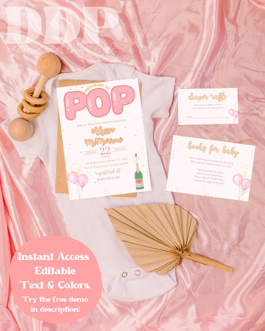 Ready to Pop Pink Baby Shower Invitation Suite | Pink Baby Shower Invite | Pink Balloon Baby Shower | Twins Baby Shower | Editable Printable