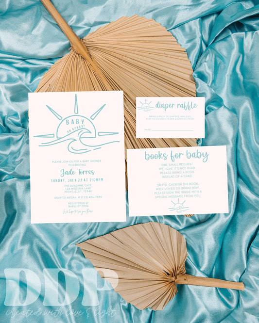 Minimalist Baby on Board Blue Baby Shower Invitation Suite | Boho Beach Baby Shower Invite | Blue Boy Baby Shower | Editable Invite Bundle