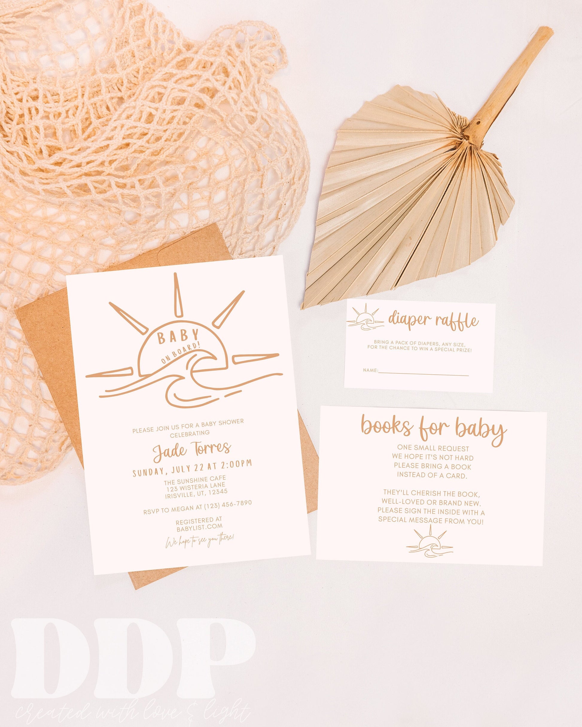 Minimalist Baby on Board Neutral Baby Shower Suite | Boho Beach Baby Shower Invite | Beachy Neutral Baby Shower | Editable Invite