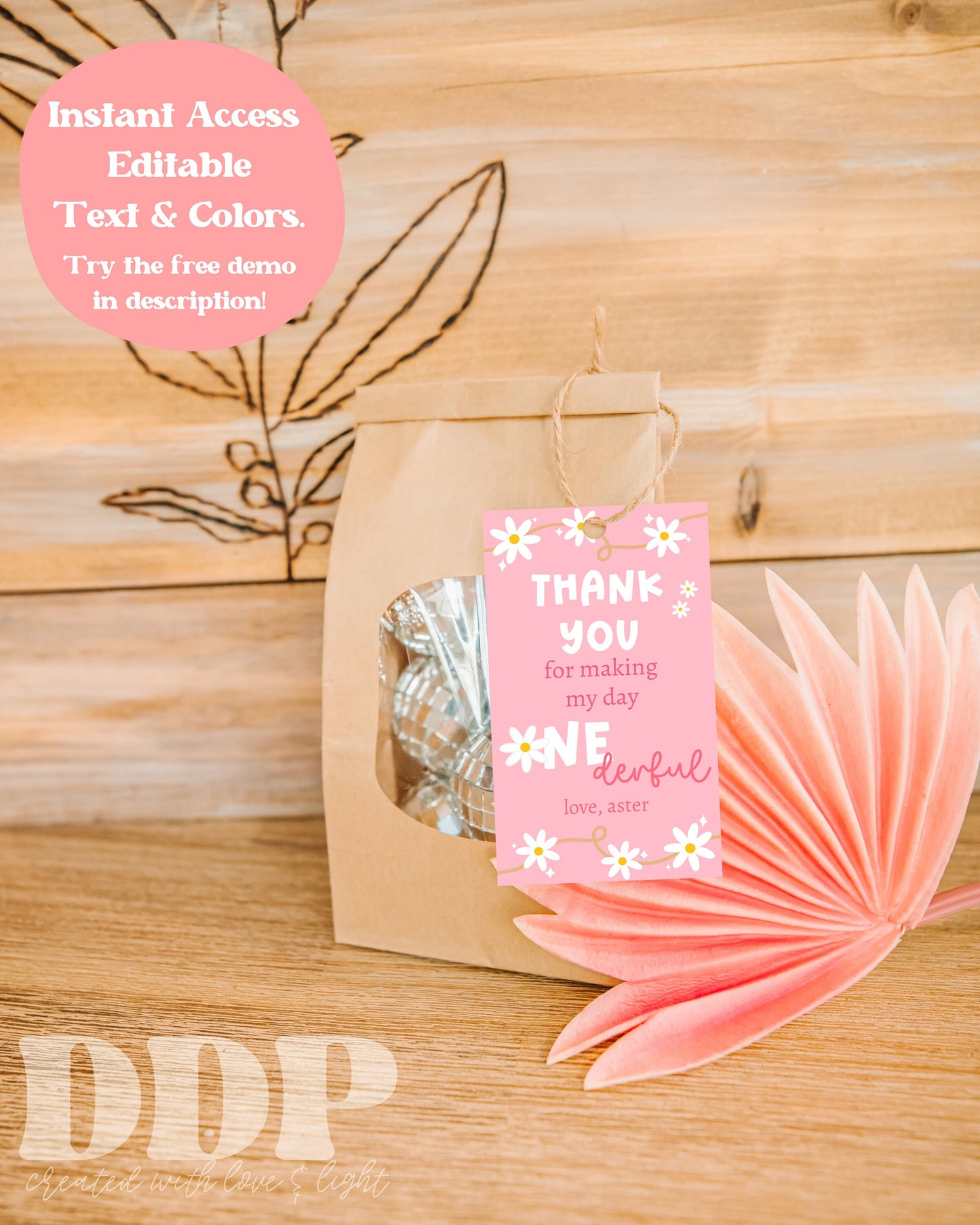 Pink Daisy Chain Birthday Favor Tag Template | Daisy First Gift Label | Daisy First Birthday Gift Tag | Pink Daisy Birthday Thank You Tag