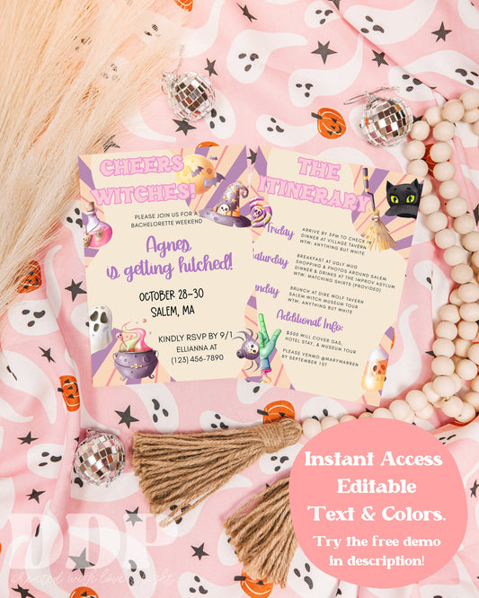 CHEERS WITCHES Bachelorette Party Invitation and Itinerary Template | Halloween Bach Party | Drink up Witches | Editable Printable Template