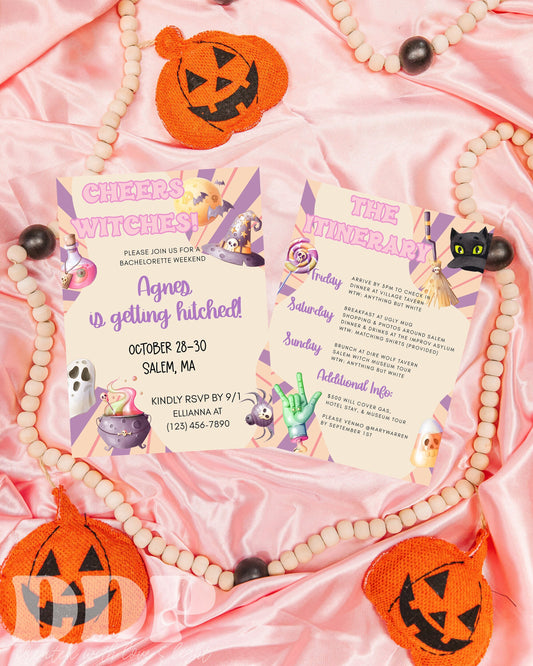 CHEERS WITCHES Bachelorette Party Invitation and Itinerary Template | Halloween Bach Party | Drink up Witches | Editable Printable Template