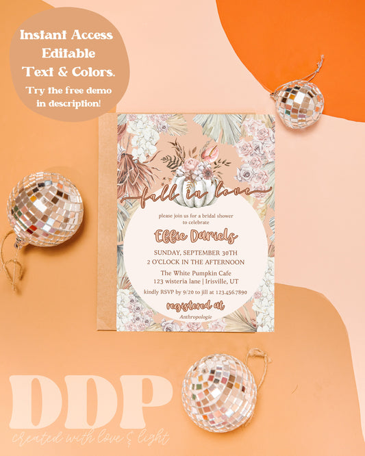 Fall in Love Bridal Shower Invite | Boho Autumn Wedding Shower Invite | Floral Pumpkin Bridal Shower Invitation | Fall Bridal Shower