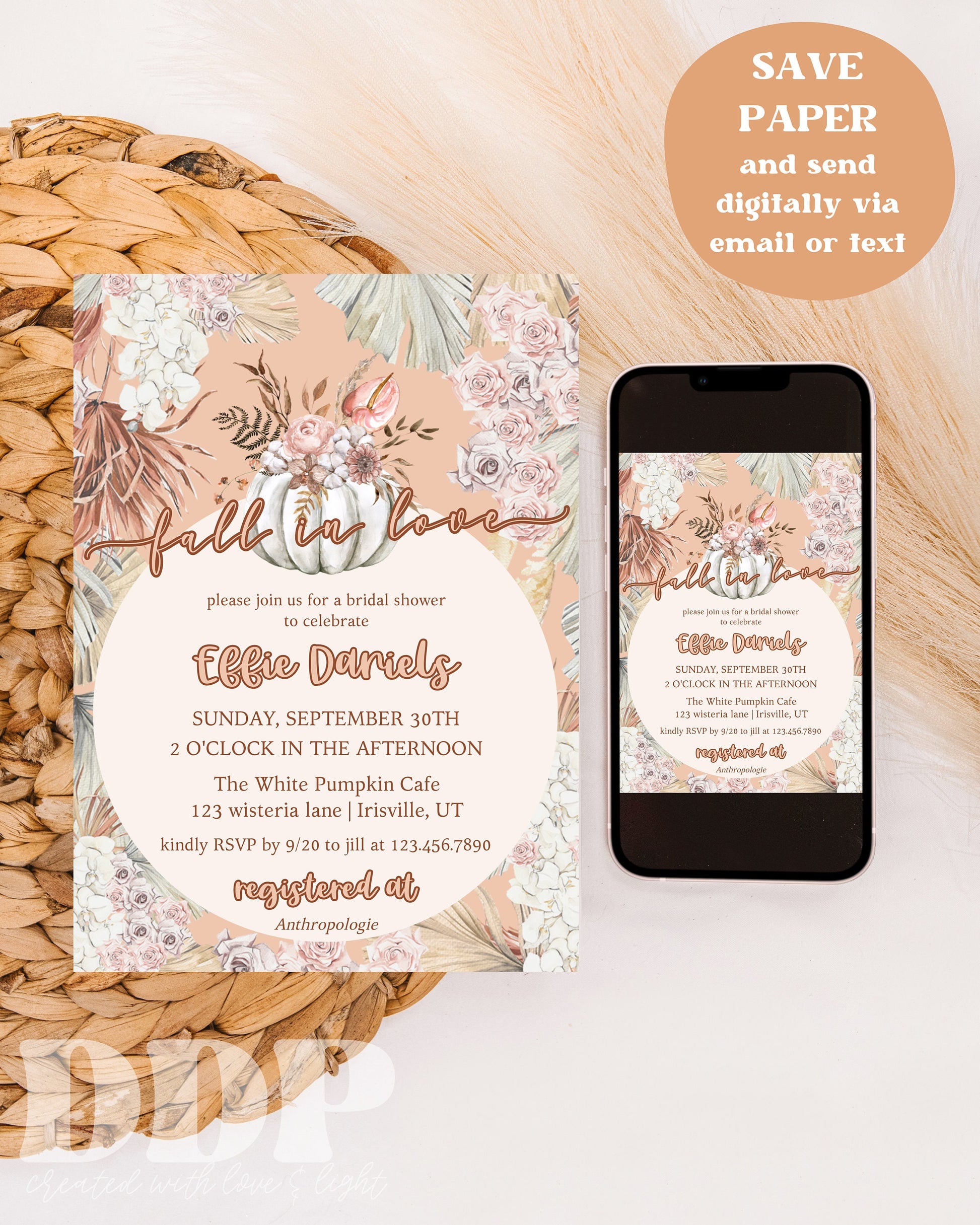 Fall in Love Bridal Shower Invite | Boho Autumn Wedding Shower Invite | Floral Pumpkin Bridal Shower Invitation | Fall Bridal Shower