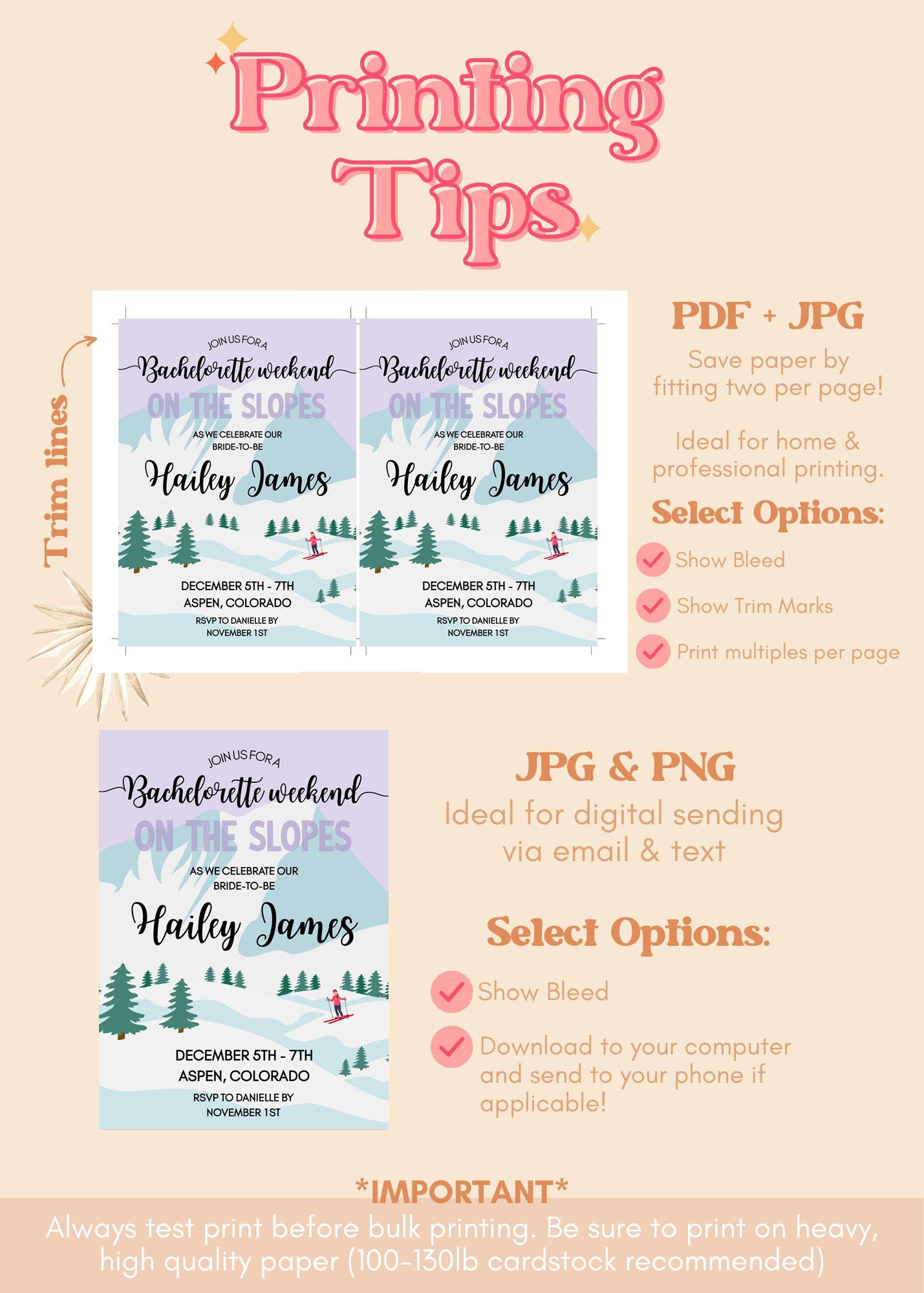 On the Slopes Bachelorette Party Invitation | Editable Winter Ski Bachelorette | Snow Mountain Bach | Ski Girls Trip Printable Itinerary