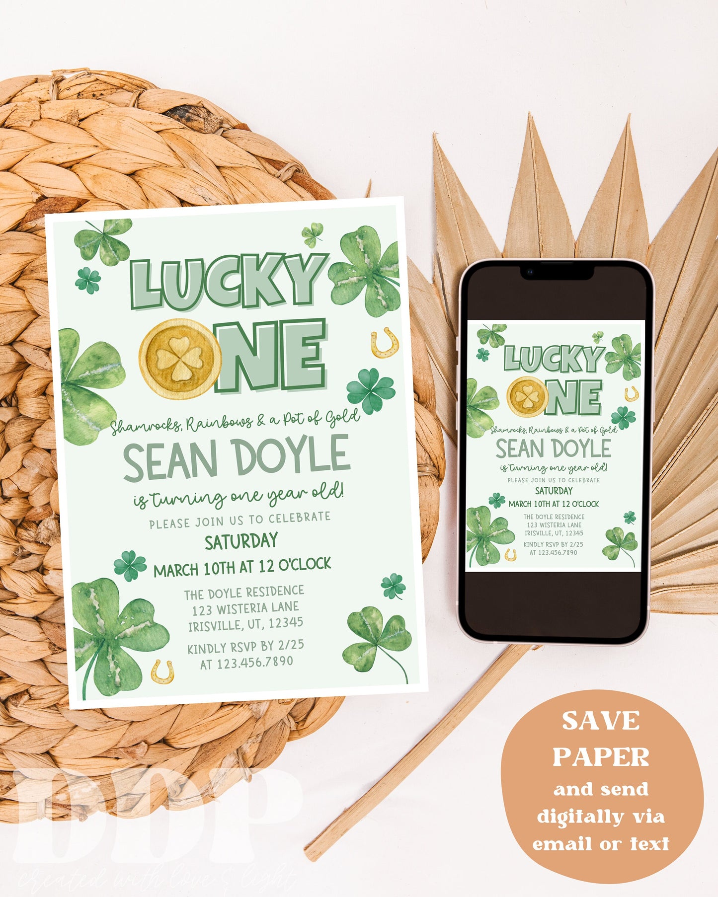 St. Patrick's Day Birthday Invitation | Shamrock Rainbow Gold Party Invite | Lucky ONE Kids Birthday Invite | Green Girl Boy First 1st