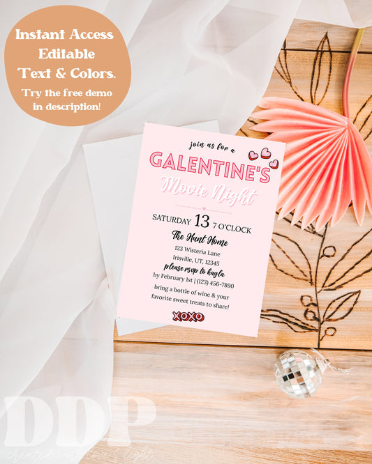 Galentine's Movie Night Invitation | Galentine's Day Party Invite | Galentines Invitation | Valentine's Party Invite | Editable Template