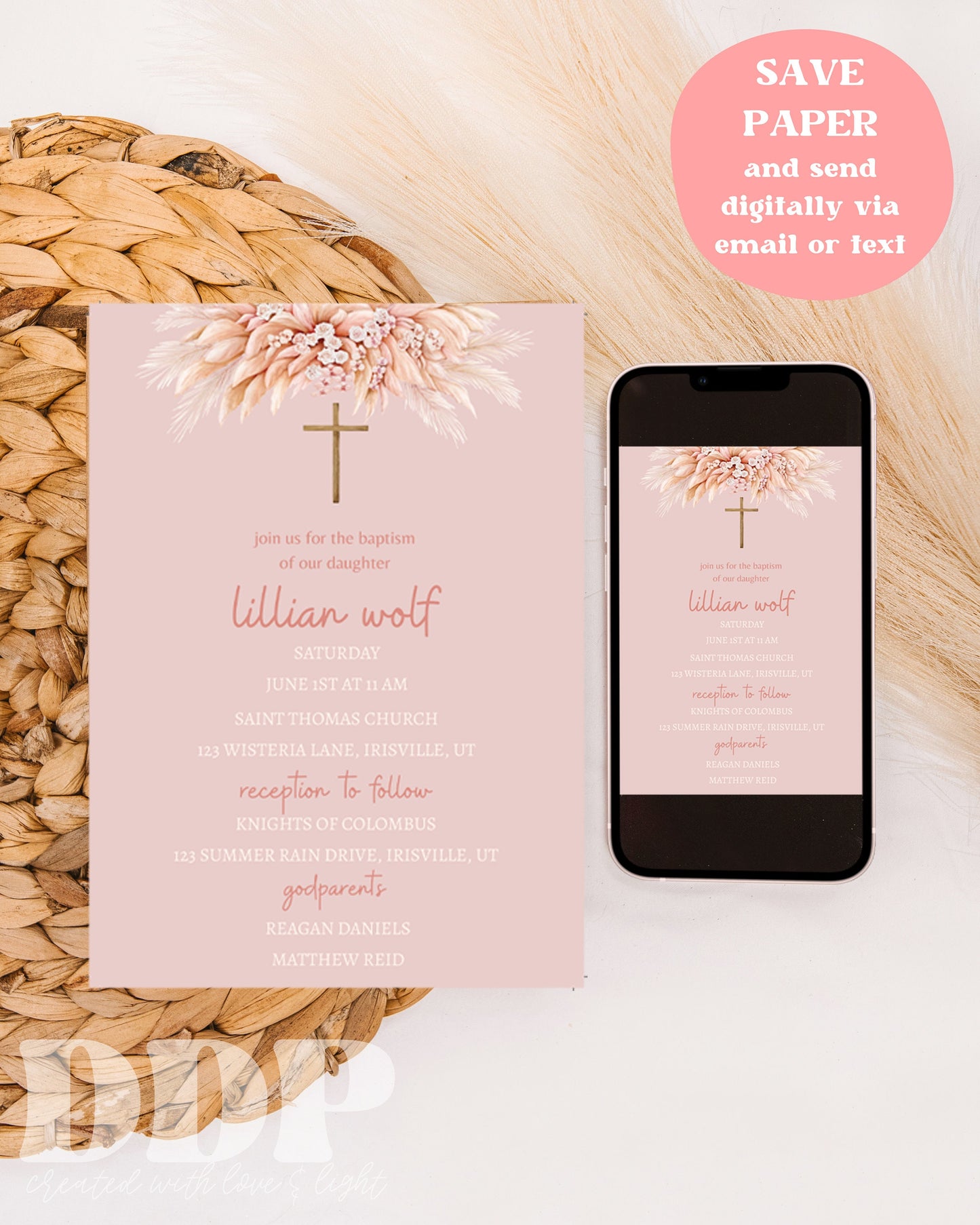 Boho Pink Baptism Invitation | Pampas Grass Baptism Invite | Boho Girl Baptism Invite | Minimalist Baptism Invite | Printable