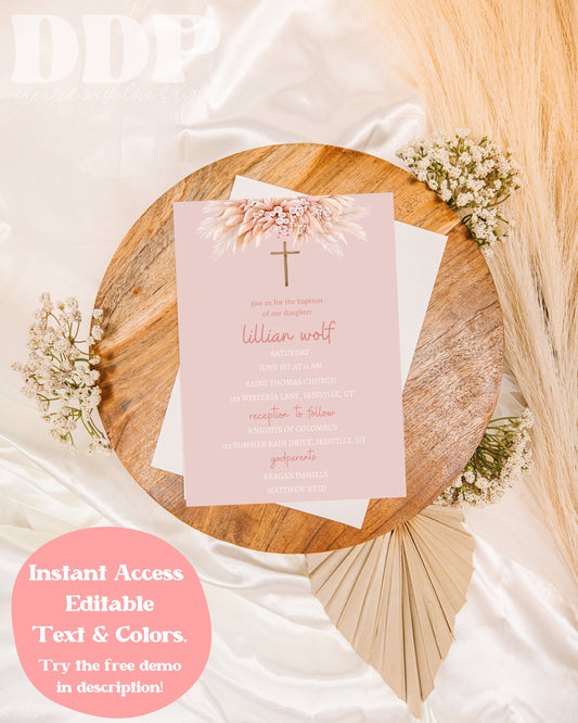 Boho Pink Baptism Invitation | Pampas Grass Baptism Invite | Boho Girl Baptism Invite | Minimalist Baptism Invite | Printable