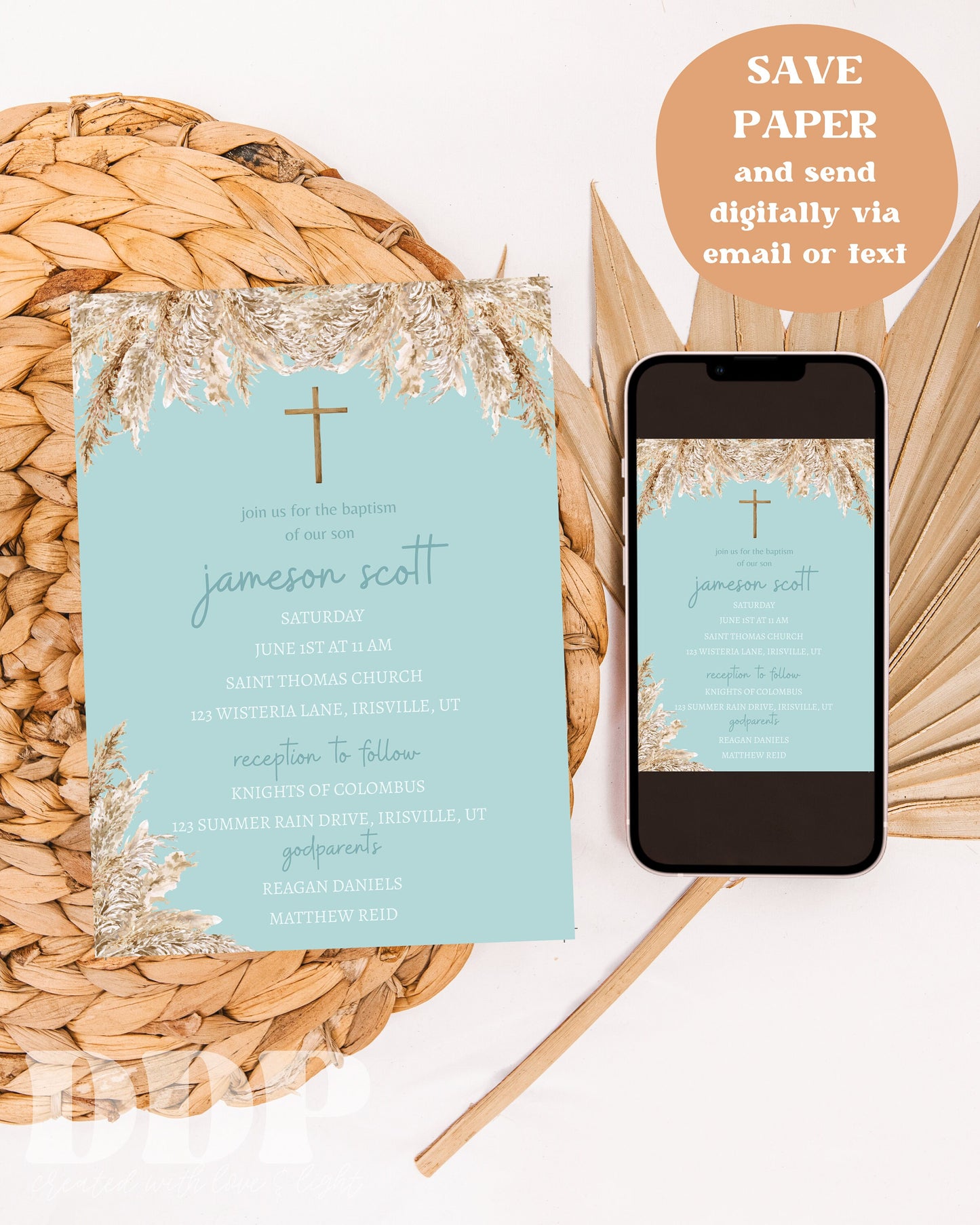 Boho Blue Baptism Invitation | Pampas Grass Baptism Invite | Boho Boy Baptism Invite | Minimalist Baptism Invite | Printable