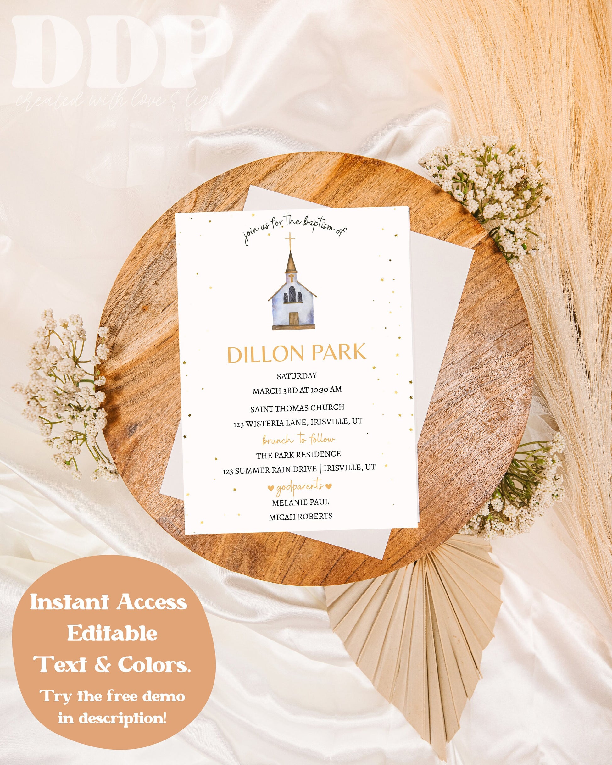 Minimalist Golden Church Baptism Invitation | Boho Christening Invite | Gender Neutral Baptism Invite | Christian Dedication Invite