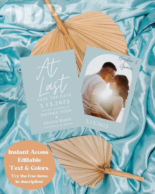 At Last Minimalist Save the Date Template | Blue Vintage Save the Date | Photo Save the Date Template | Boho Beach Wedding Save the Date