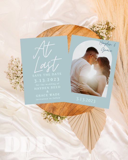 At Last Minimalist Save the Date Template | Blue Vintage Save the Date | Photo Save the Date Template | Boho Beach Wedding Save the Date