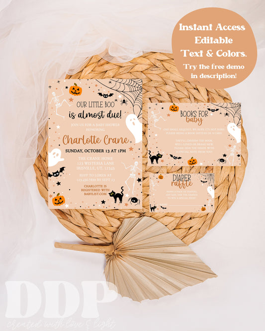 Halloween Baby Shower Editable Invitation Suite | A Little Boo is Almost Due Invite | Spooky Baby Shower invite | Neutral Fall Baby Shower