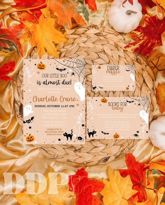 Halloween Baby Shower Editable Invitation Suite | A Little Boo is Almost Due Invite | Spooky Baby Shower invite | Neutral Fall Baby Shower