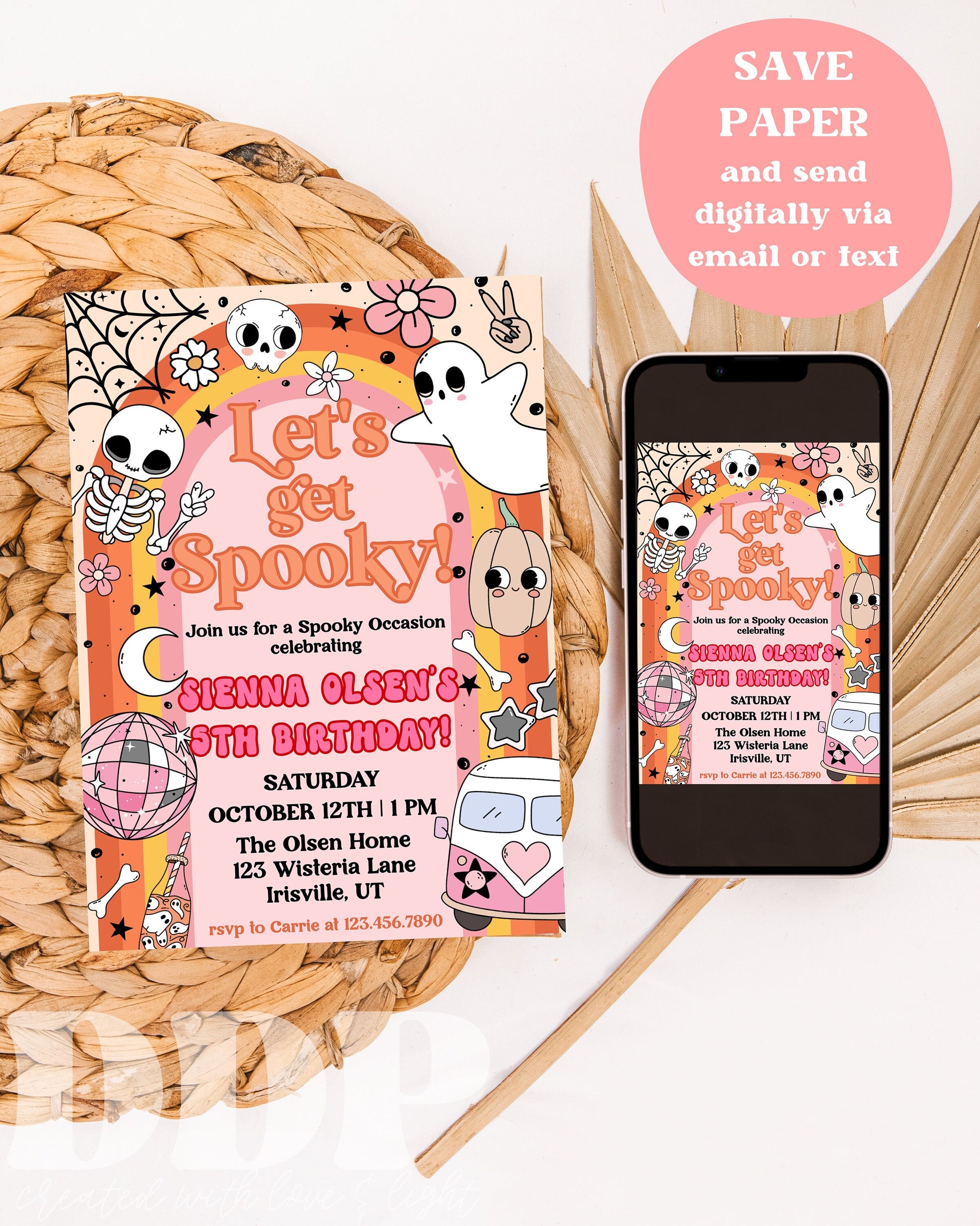 ANY AGE Retro Groovy Halloween Birthday Party Invitation | Pink Hippie Halloween Invite | Spooky Vibes Party | Groovy Ghost Party