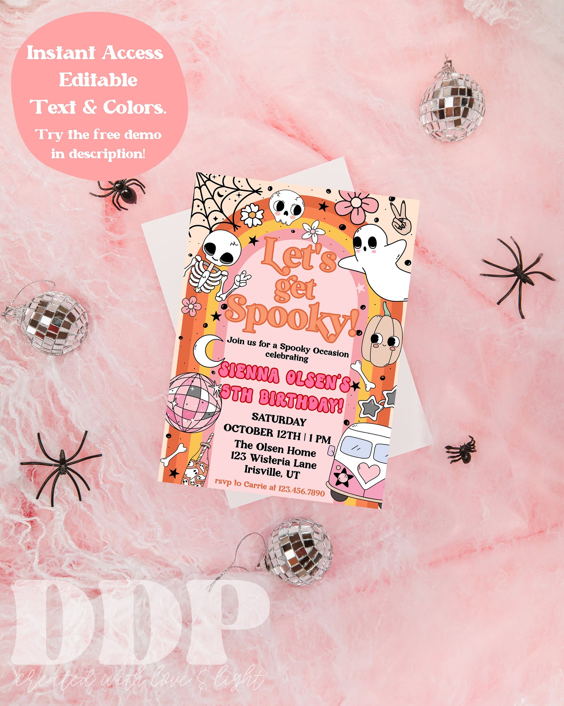 ANY AGE Retro Groovy Halloween Birthday Party Invitation | Pink Hippie Halloween Invite | Spooky Vibes Party | Groovy Ghost Party