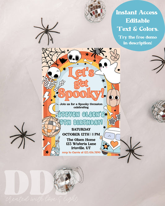 ANY AGE Retro Groovy Halloween Birthday Party Invitation | Blue Hippie Halloween Invite | Spooky Vibes Party | Groovy Ghost Party