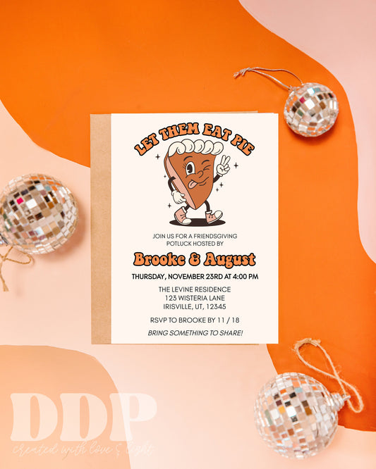 Retro Thanksgiving Dinner Invitation | Friendsgiving Party Invite | Pie Character Friendsgiving Invitation | Editable Invite Template